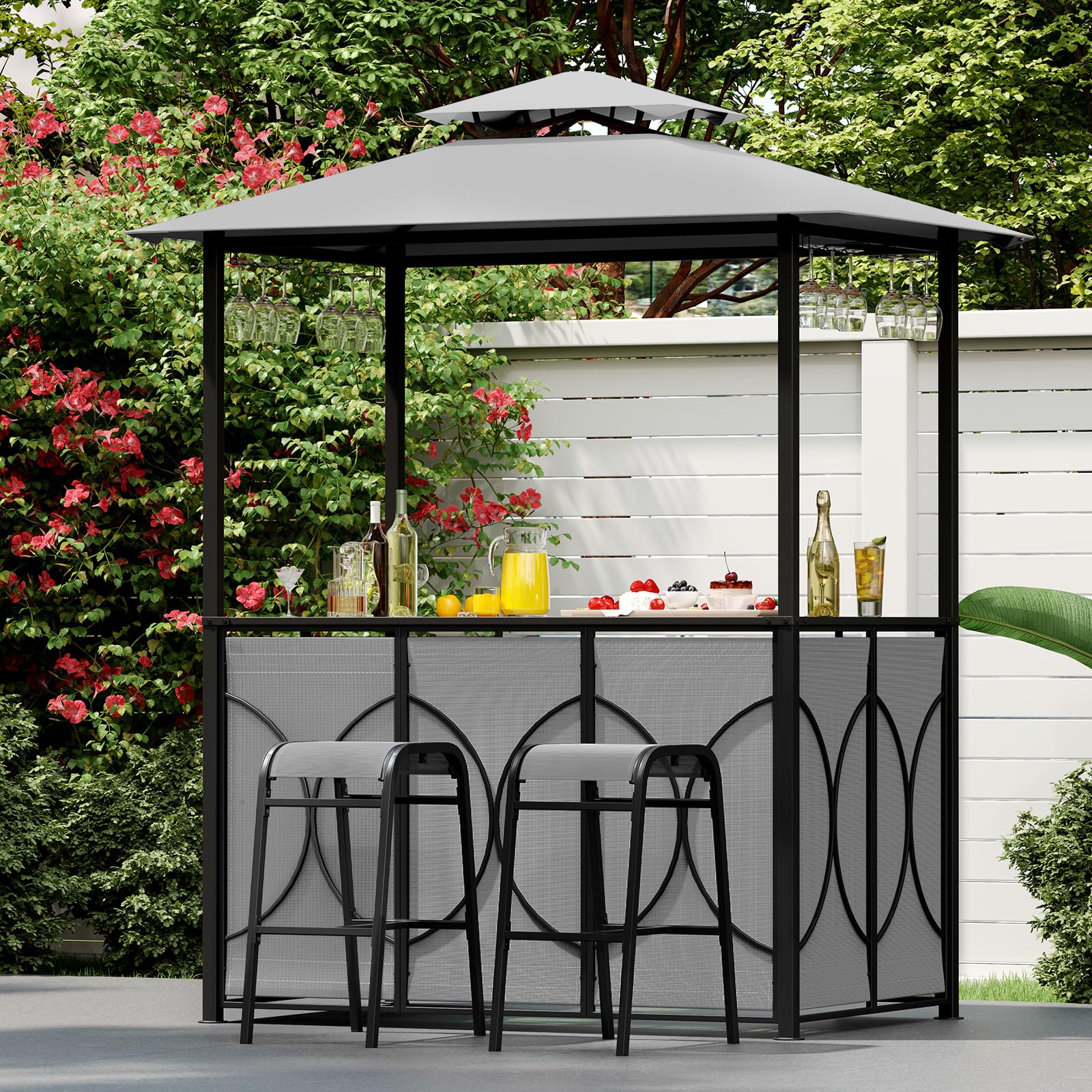 Tangkula 3-Piece Patio Bar Set, Grill Gazebo & 2 Bar Stools with Tempered Glass Bar Table, Metal Storage Shelves, Glass Holders, Double-Tier Soft Top Canopy BBQ Gazebo Shelter for Patio Garden (Grey)