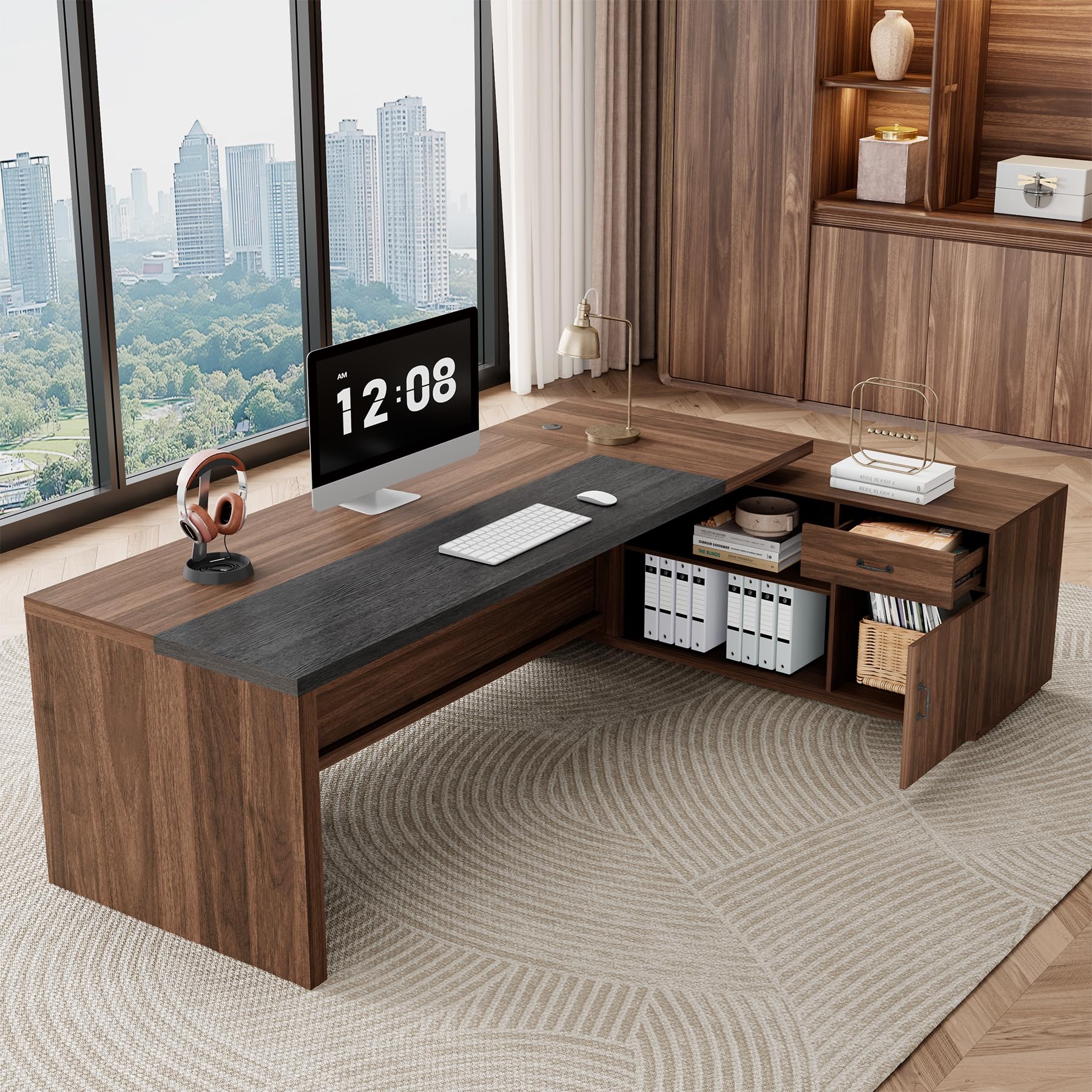 L-Shaped Executive Desk with Drawer & File Cabinet
