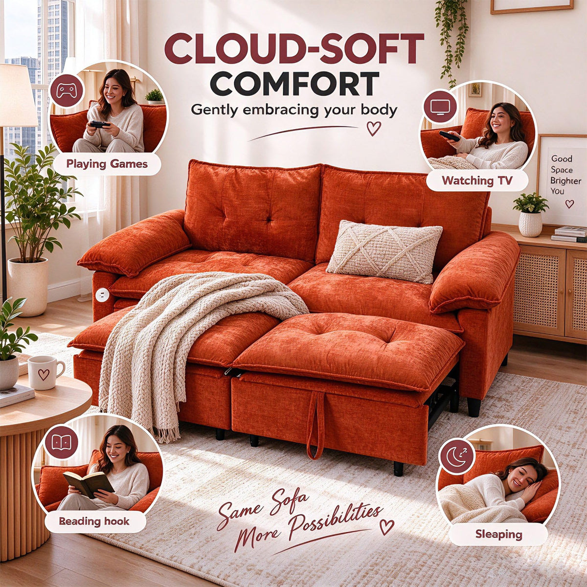 73 Inch Queen Sleeper Sofa Bed, 3 in 1 Convertible Pull Out Loveseat, Chenille Upholstered Sofa with USB Charging Ports & Side Storage Pockets, Modern Small Couch for Apartment, Living Room (Orange)