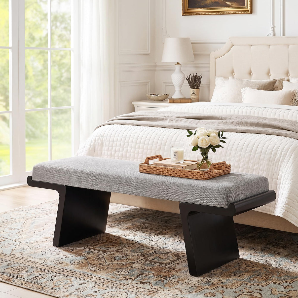 Linen Upholstered Wood Bench
