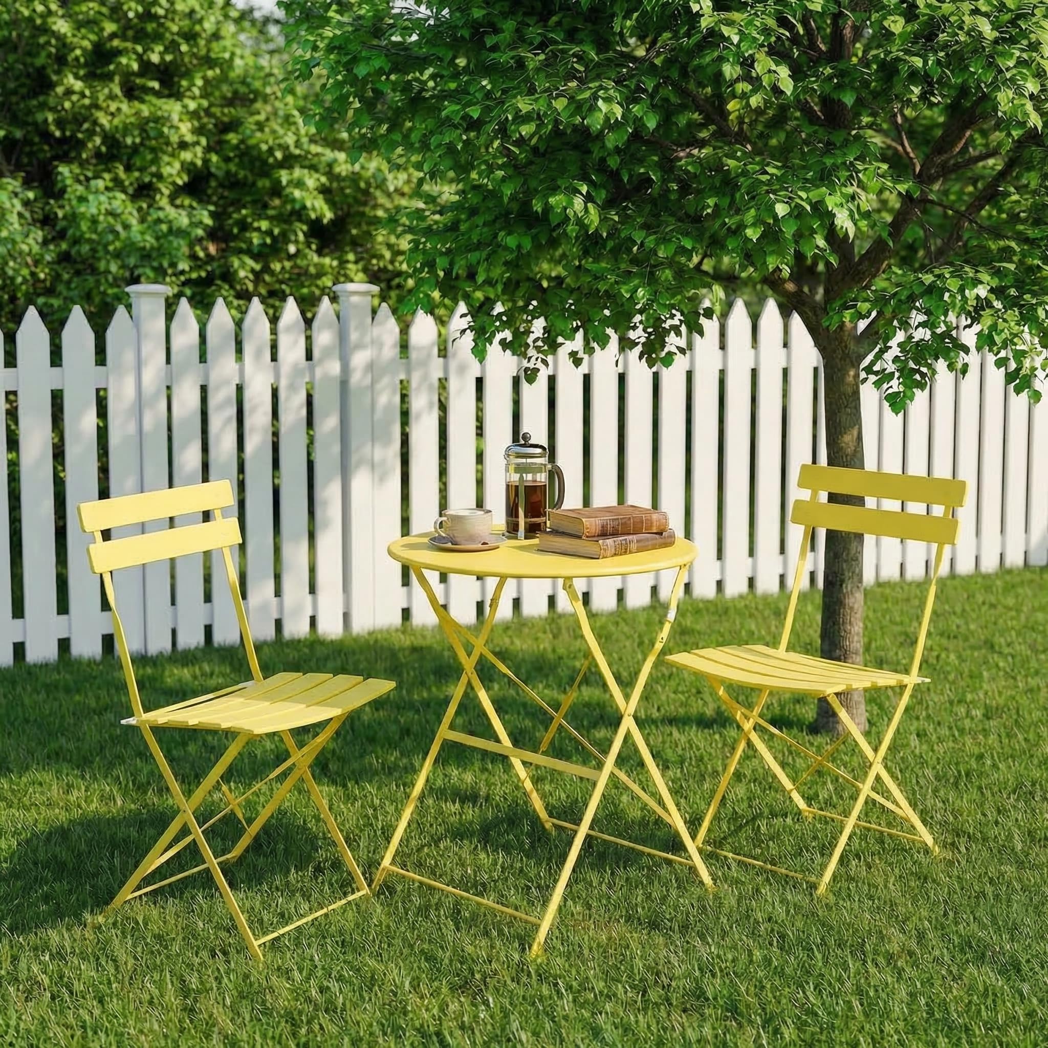 LIFERUN 3-Piece Folding Bistro Set Outdoor, Powder Coated Weatherproof Patio Furniture Set, Bistro Table and Chairs Set of 2 for Cafe, Patio, Garden, Balcony, Space Saving, Yellow
