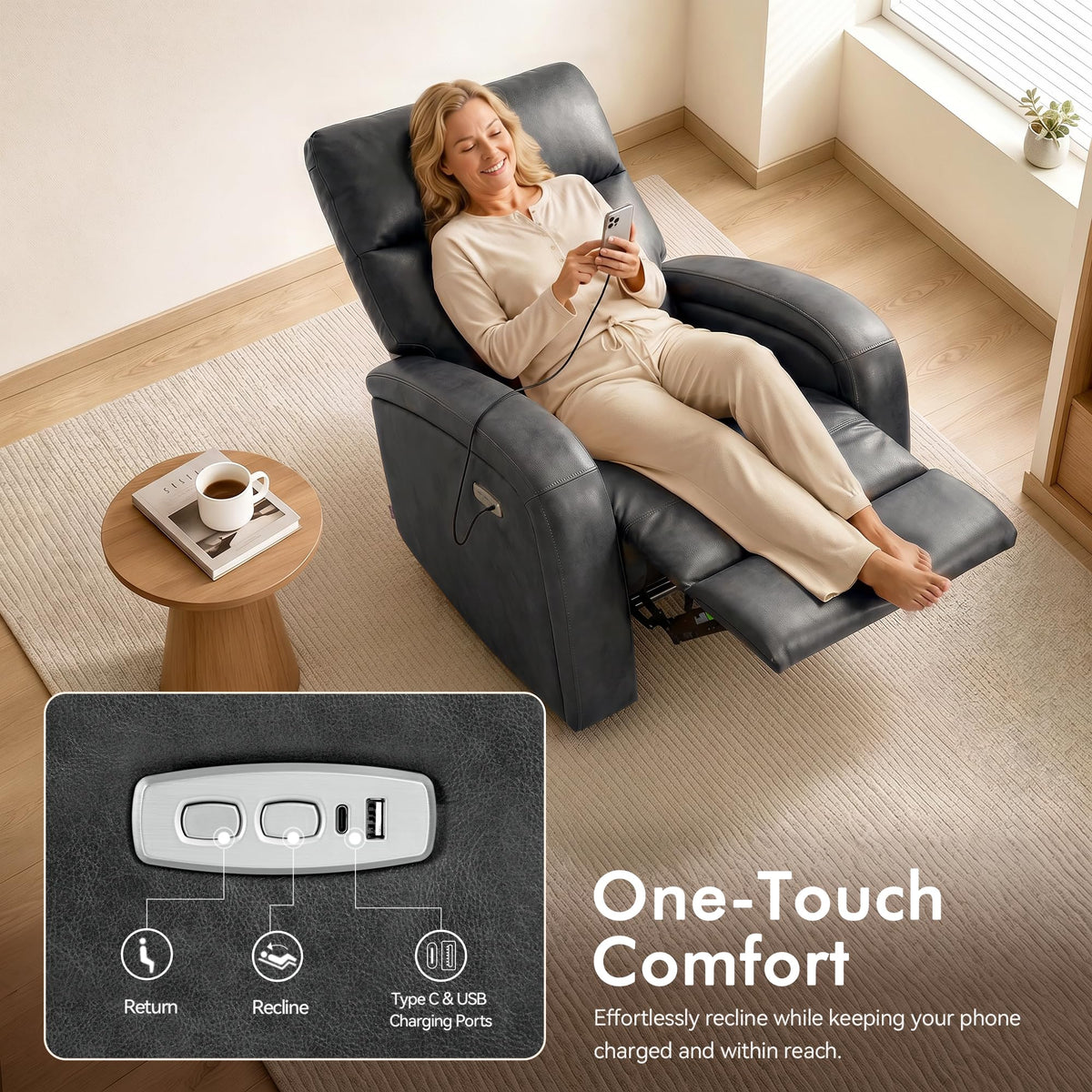 MCombo Zero Wall Recliner Chair, Power Wall Hugger Recliner with USB & Type-C Dual Charge Ports for Small Space, Living Room, RV PR644 (Dark Grey)