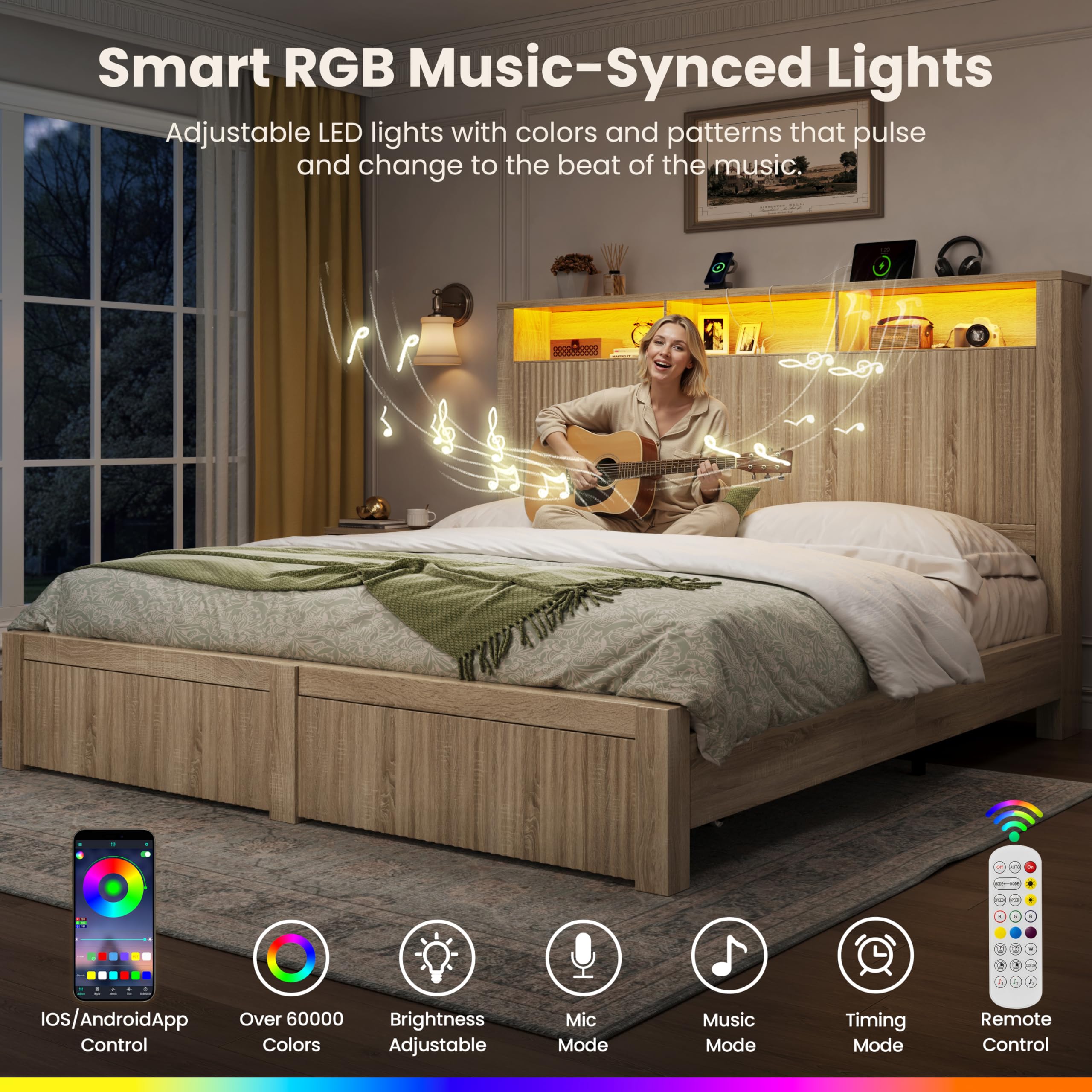 King Size Bed Frame with Storage Drawers, LED Lights & Charging Port