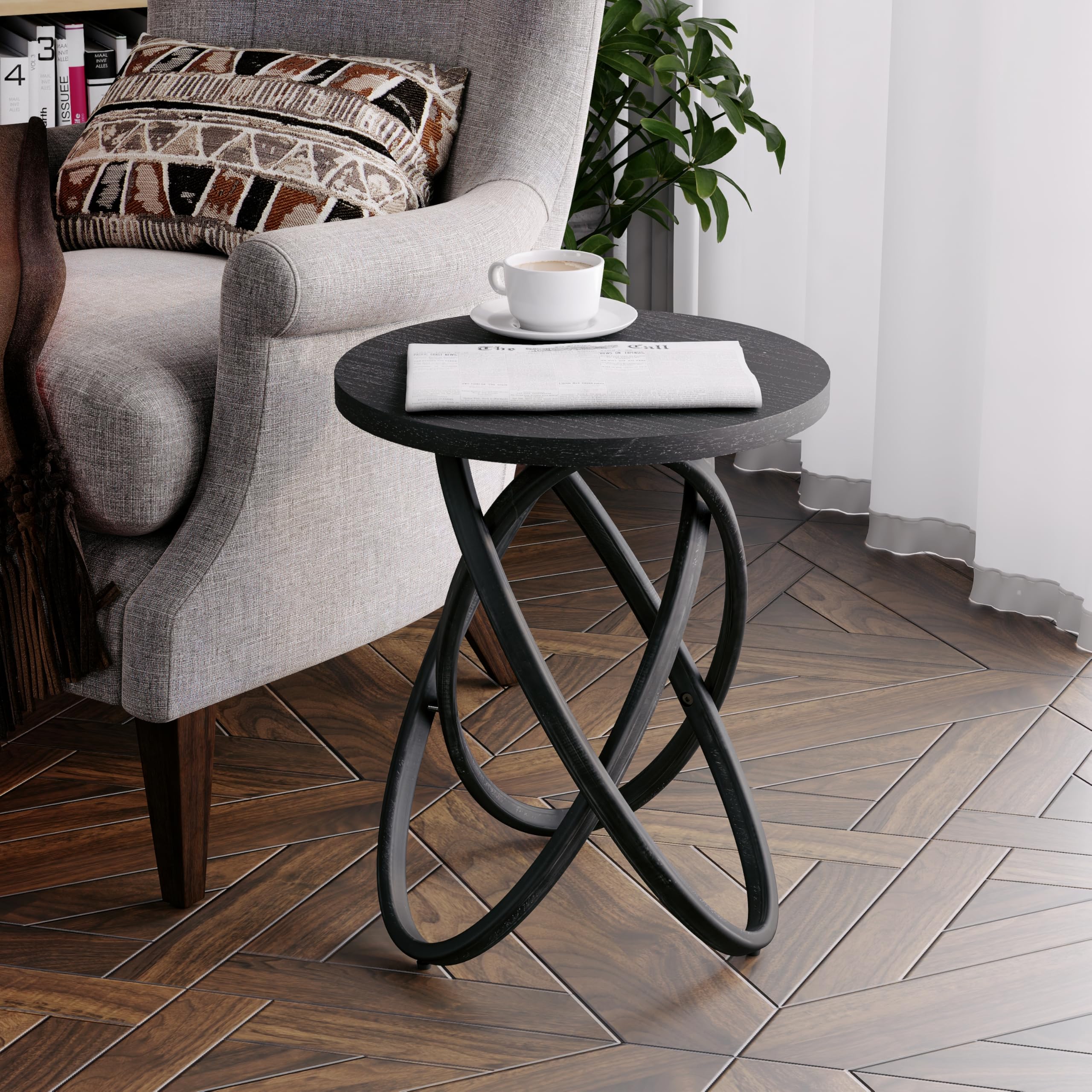 COZAYH Round End Table Farmhouse Wood Side Table Rustic Plant Stand with Intertwined Line Design for Living Room, Office, Black