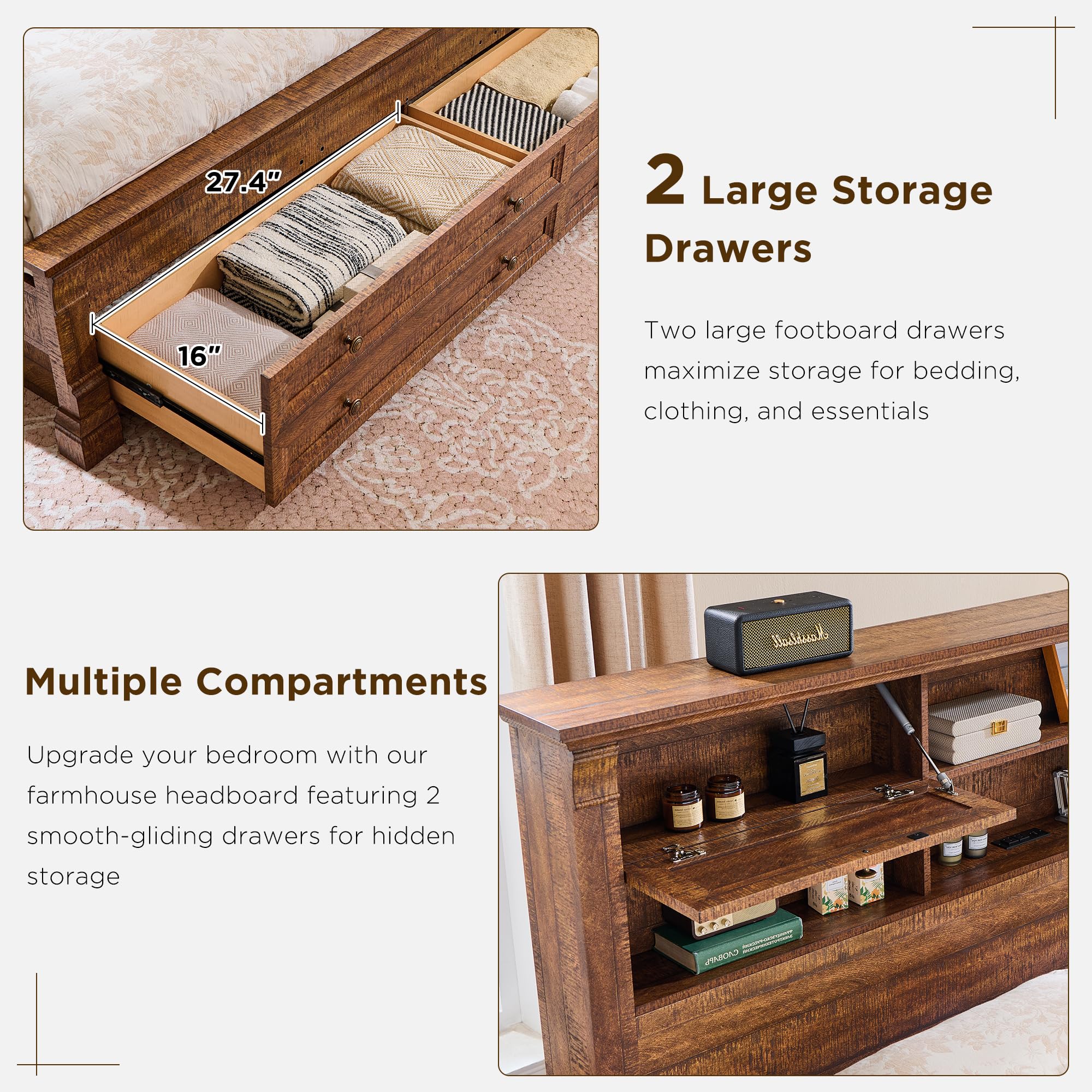 Queen Size Bed Frame with Tall Headboard & Storage
