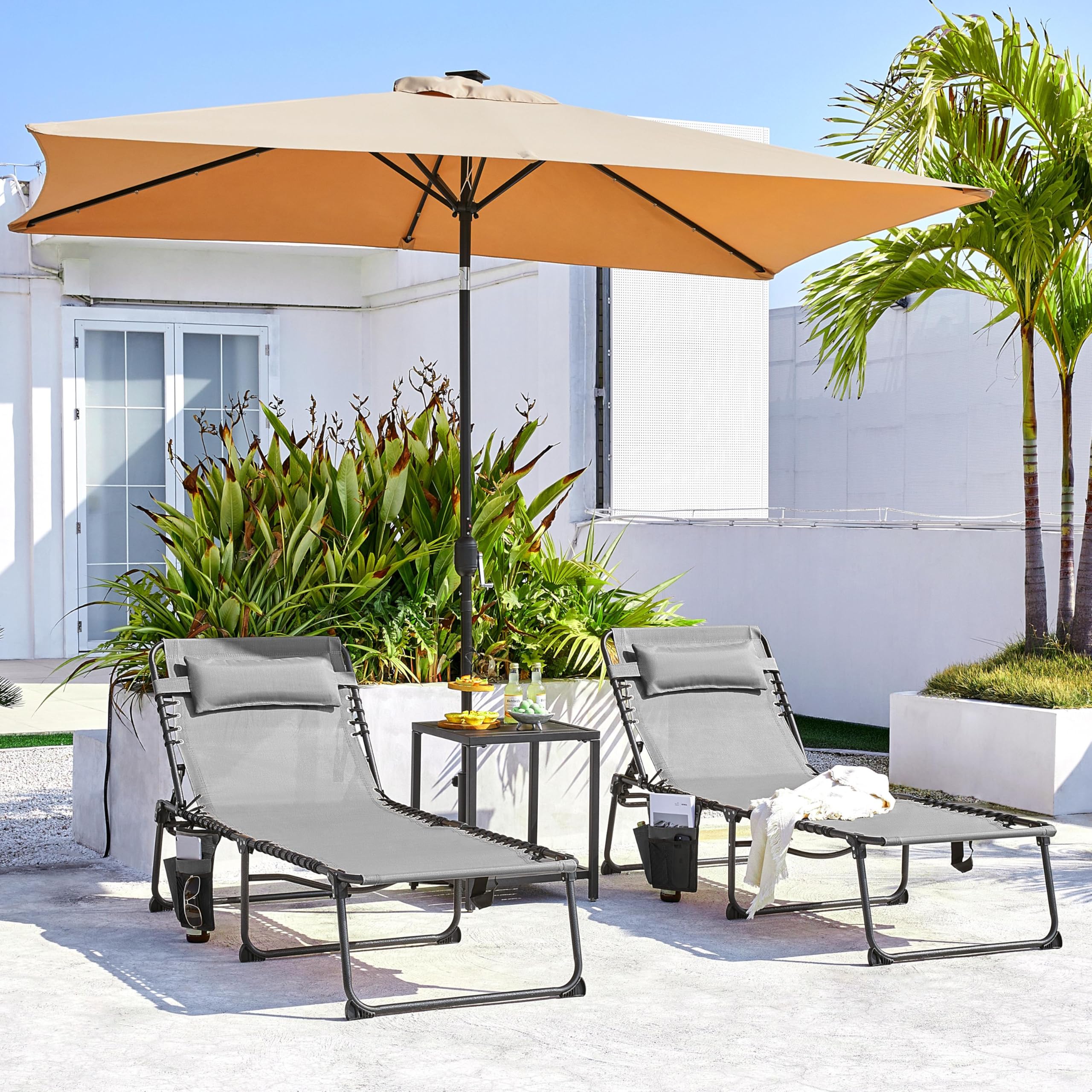Yaheetech 26.4" Outdoor Folding Tanning Chair, Chaise Lounge Chairs with 5 Back Position Adjustable, Extended Portable Lounger for Beach, Patio, Gray