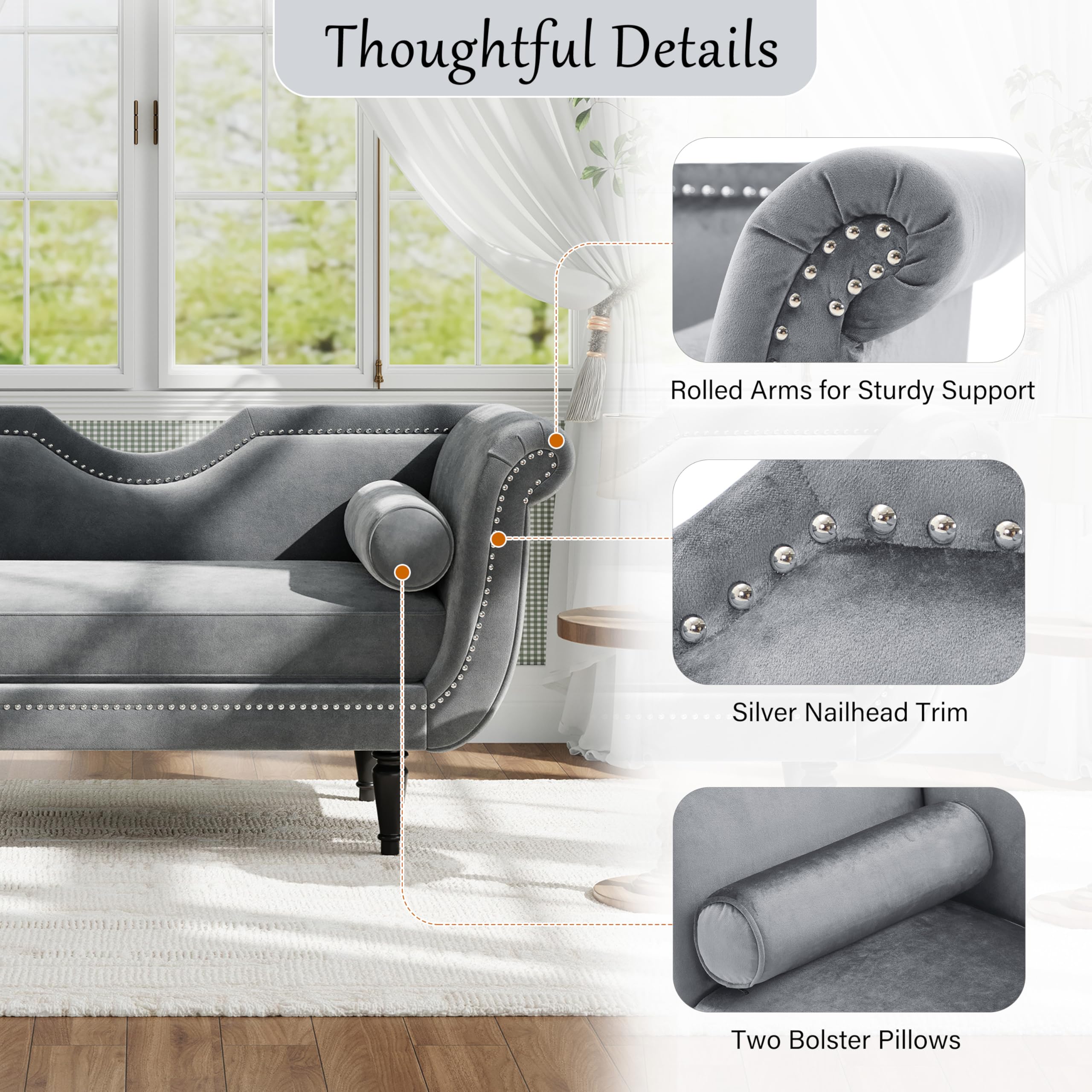 Velvet Ottoman Bench with Bolster Pillows & Nailhead Trim