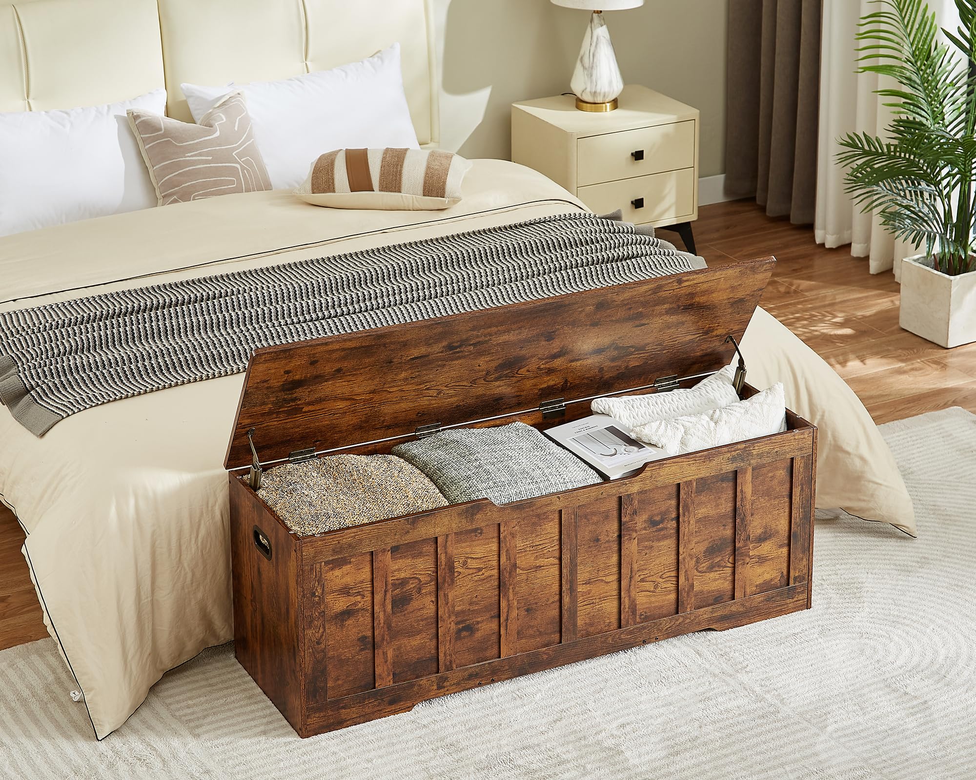 VANKILEY 51.2"Storage chest extra large,storage bench with 2 safety hinges,Shoe Bench,51.2*15.7*19.1inches,wooden trunk for bedroom,livingroom,entryway,Supports 220 lb,Easy Assembly(Rustic brown)