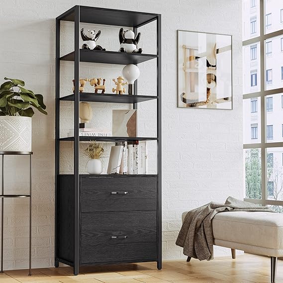 5-Tier Industrial Bookcase with File Cabinet Drawers