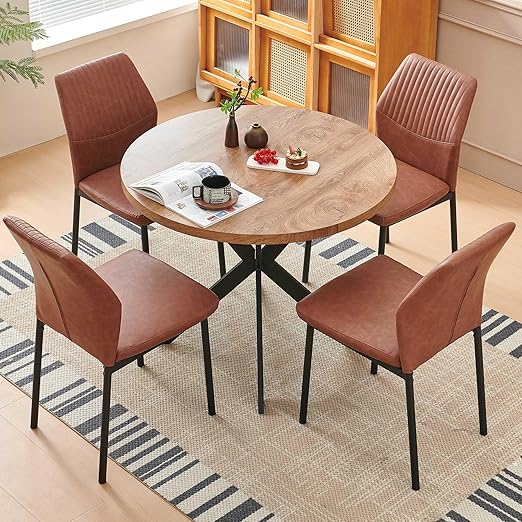 5-Piece Round Dining Set with Faux Leather Chairs
