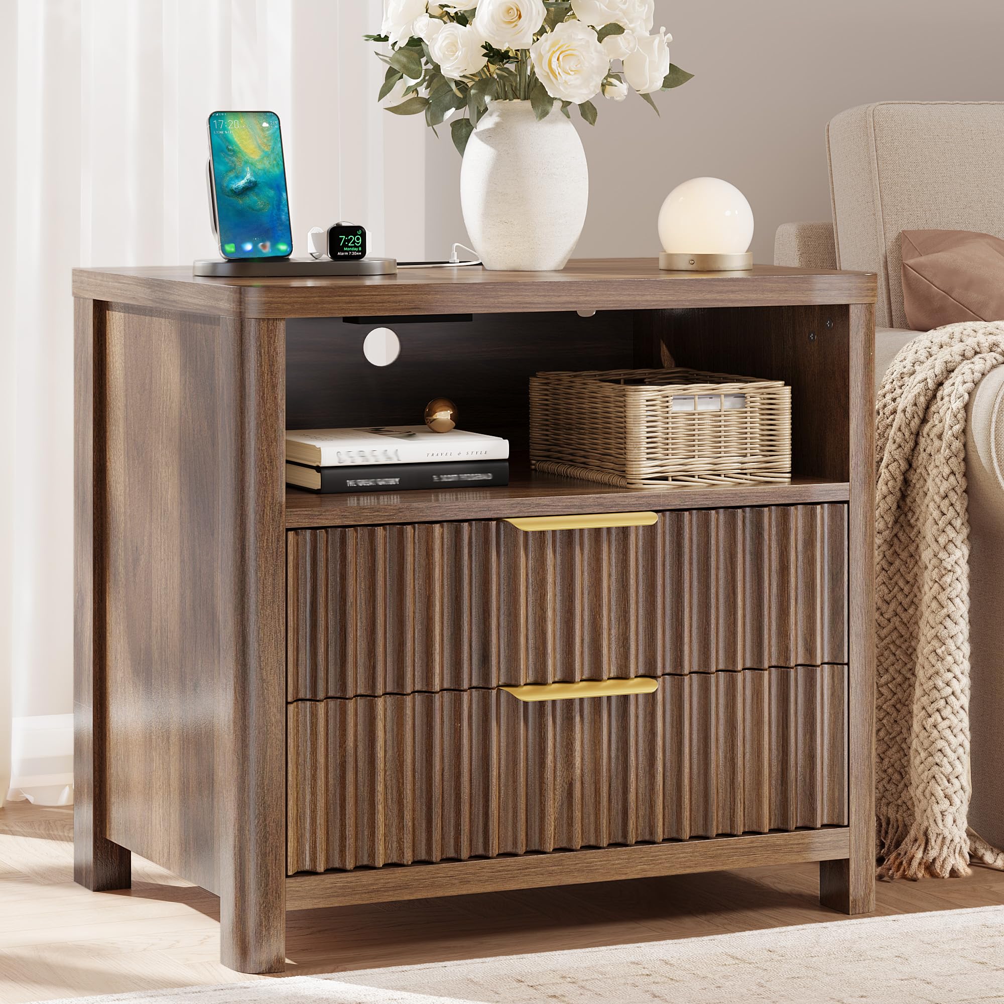 Nightstand with Charging Station & 2 Drawers