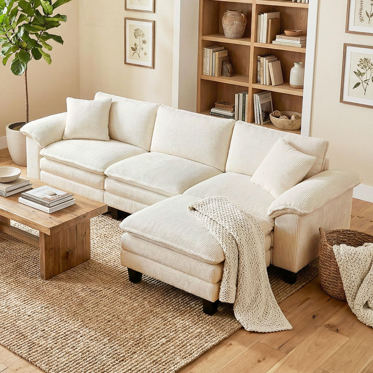 Corduroy Sectional Sofa with Ottoman