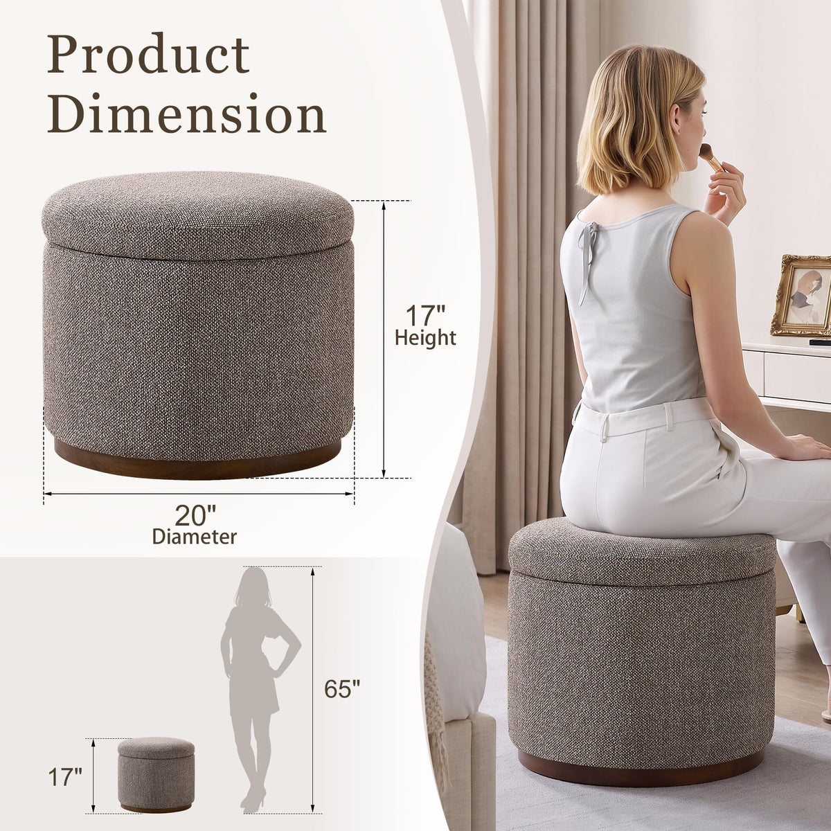 Round Bouclé Storage Ottoman