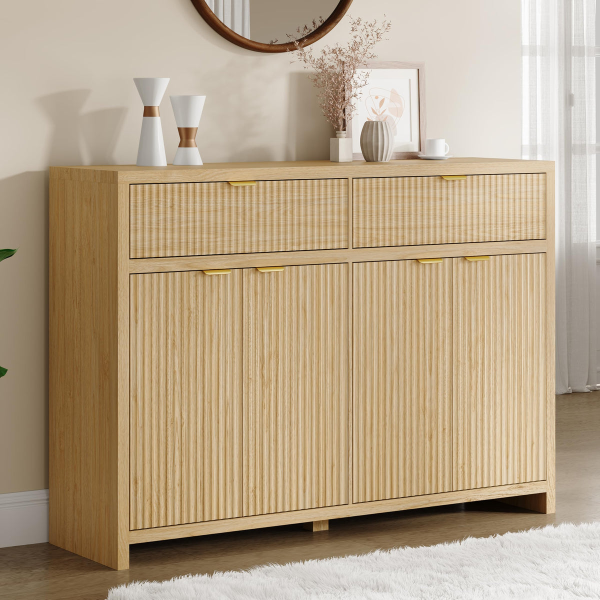 ANYMAPLE 55" Buffet Sideboard Cabinet with Storage Drawers, Fluted Credenza Storage Cabinet with Adjustable Shelf & Doors, Coffee Bar Station for Hallway
