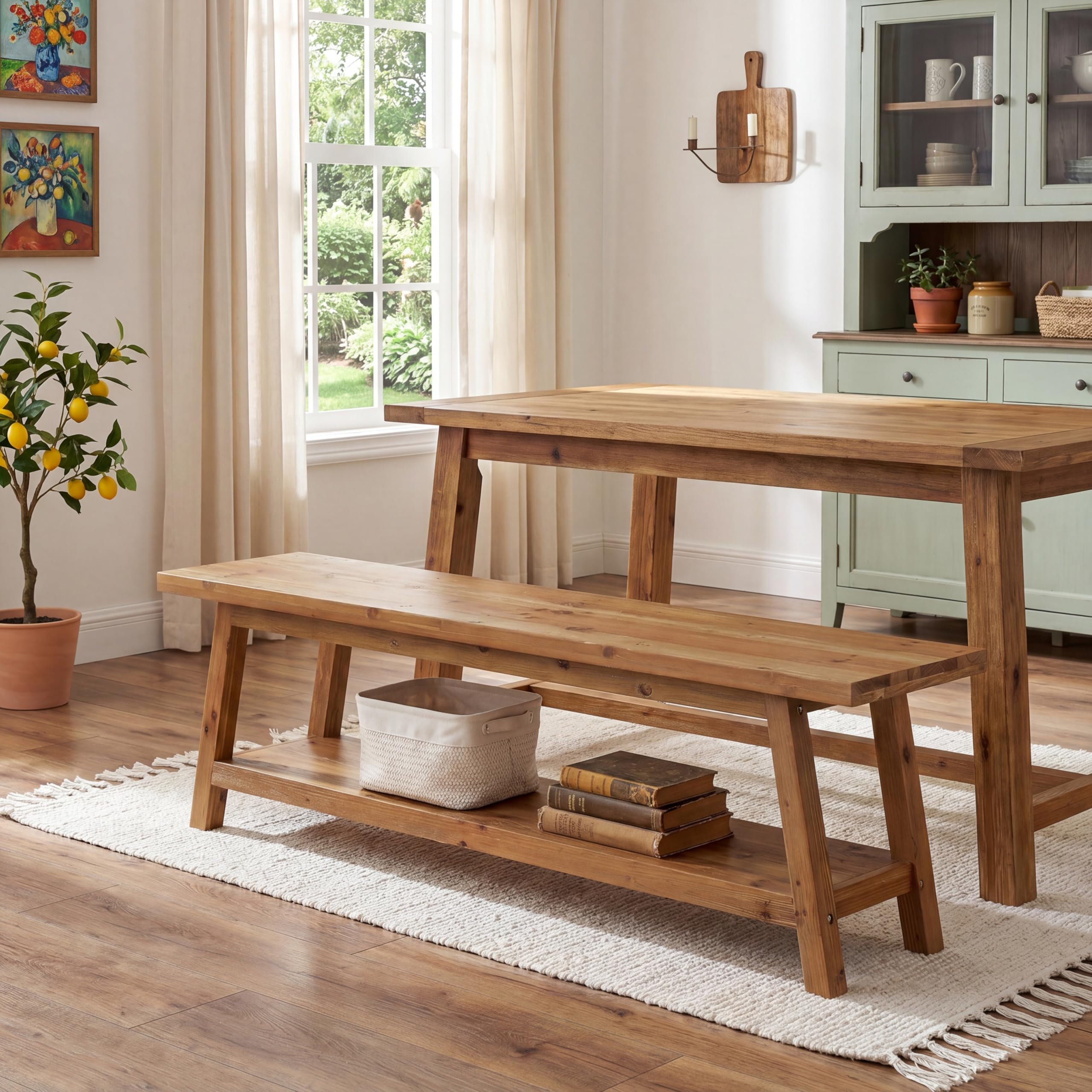 Tribesigns Farmhouse Solid Wood Dining Bench, 63-Inch Rustic Indoor Bench with Lower Storage Shelf for Dining Room, Kitchen, Living Room, Entryway, Natural Wood Finish (1)