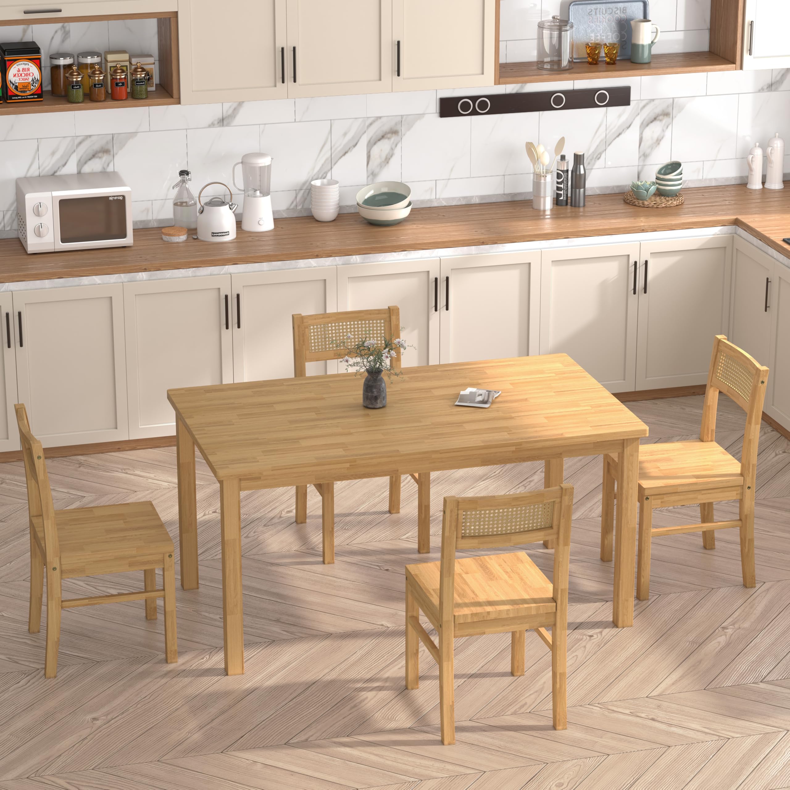 5-Piece Solid Wood Dining Table Set with Rattan Back Chairs