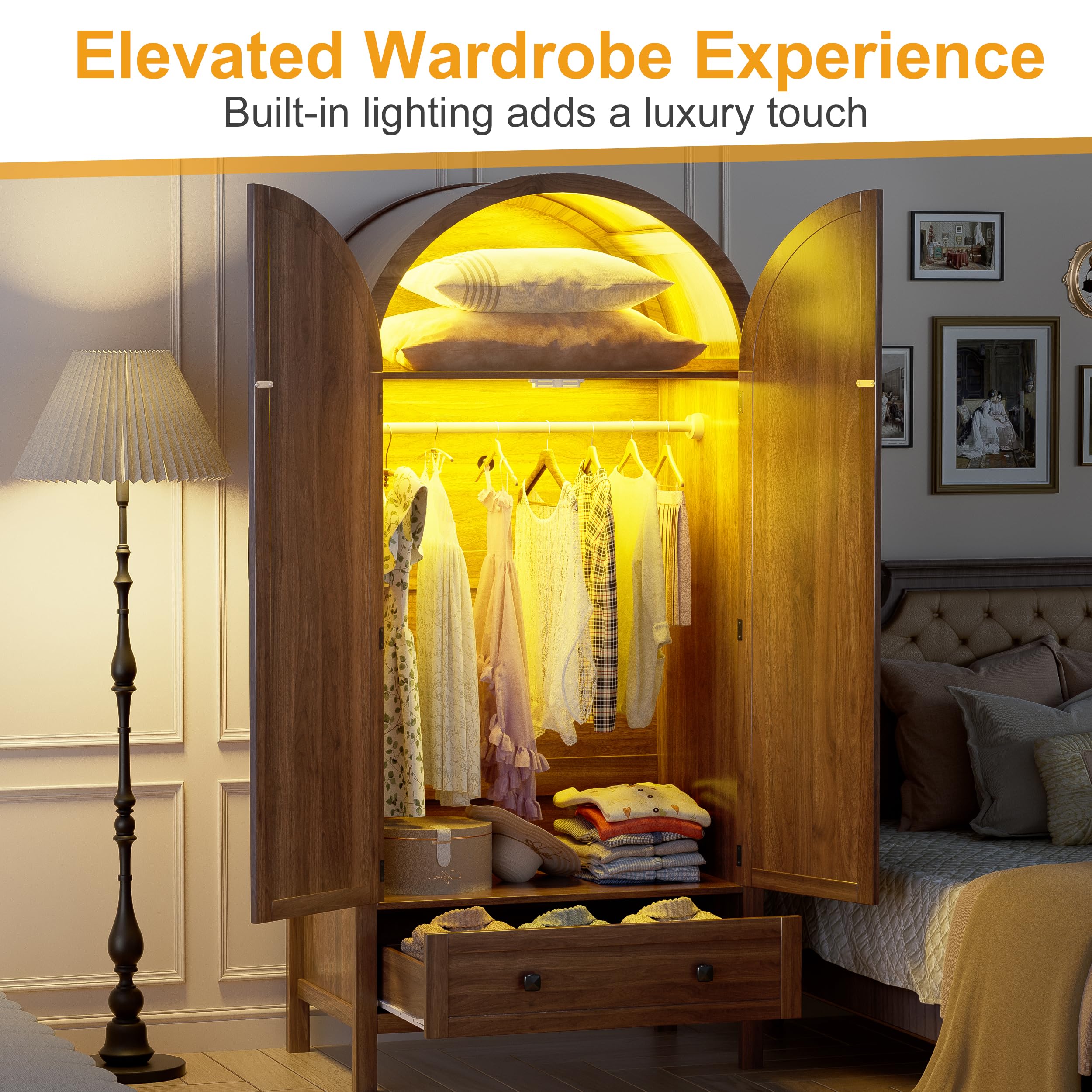 PAKASEPT Armoire Wardrobe Closet with Drawers and 2 Arched Fluted Doors, 70.9‘’ Tall Wooden Bedroom Armoires with LED Light & Shelves and Hanging Rod(Brown)