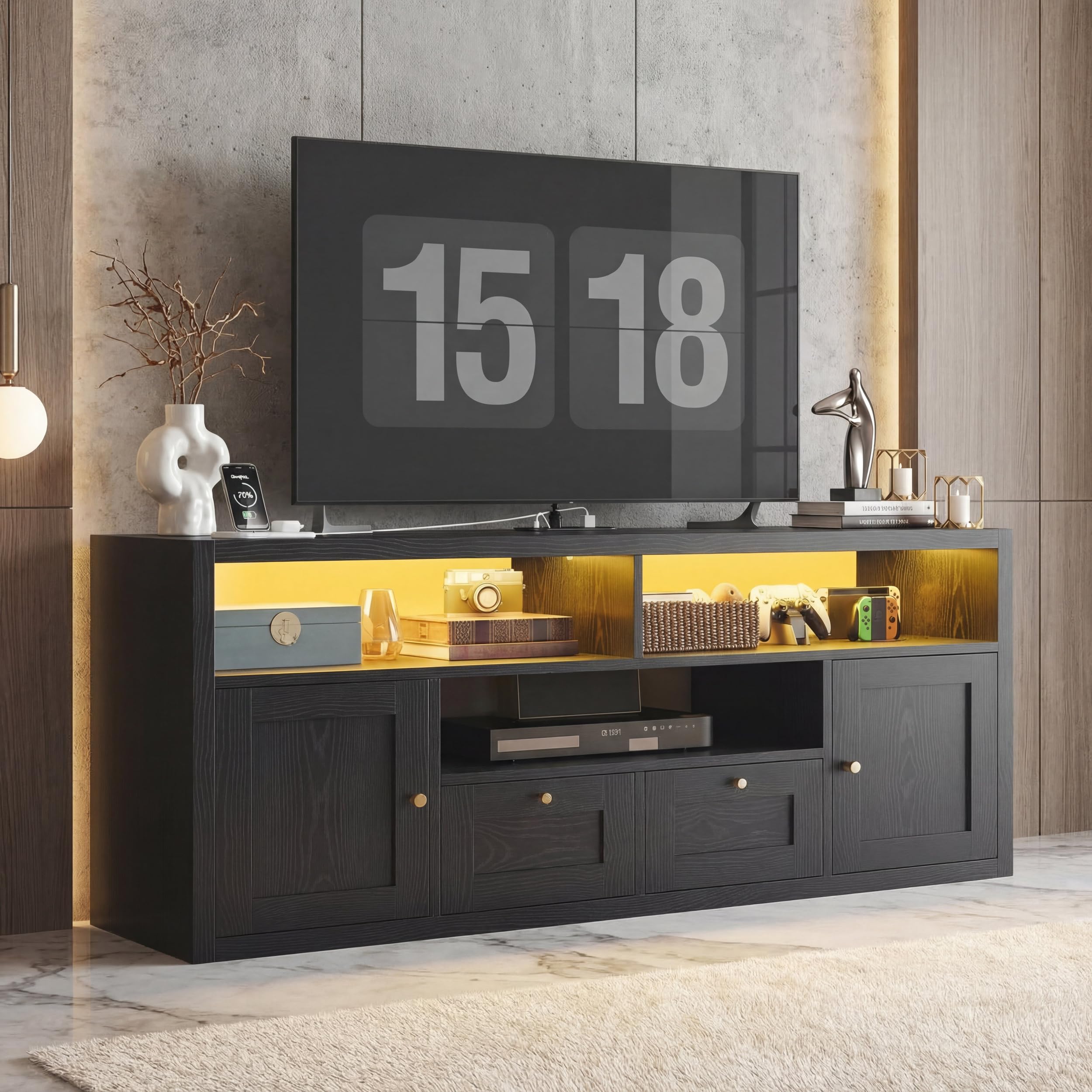 57" TV Stand with LED Lights & Charging Station