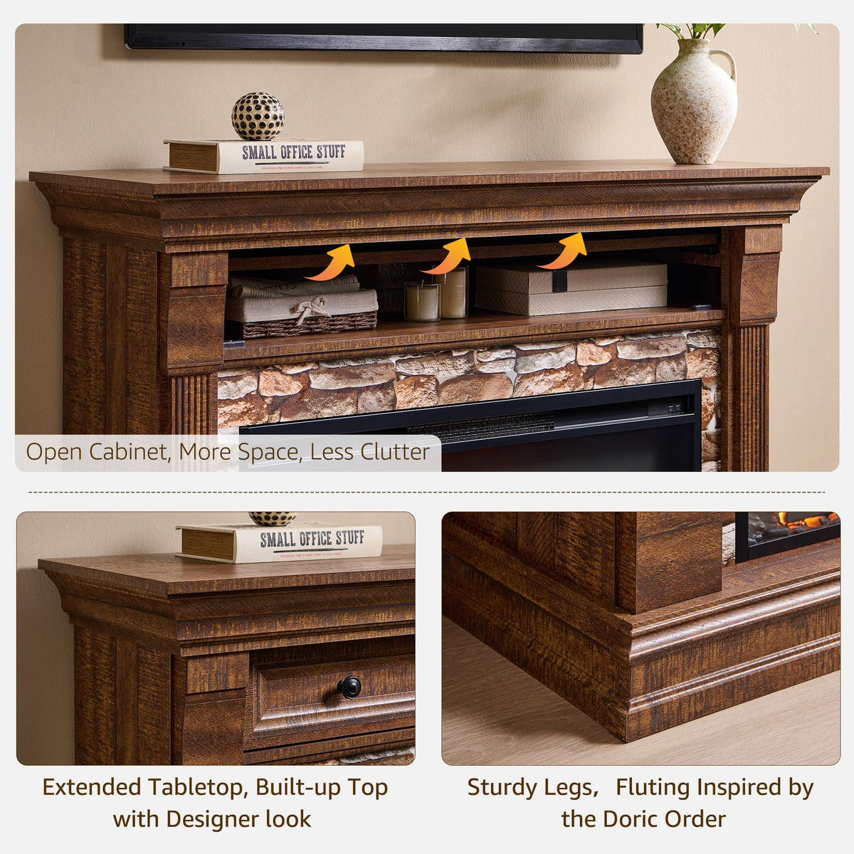 OKD 52" Farmhouse Electric Fireplace TV Stand with Mantel & Cabinet, 36" Freestanding Electric Fireplace Heater with Remote Control, Adjustable 3D Flame Effect, Brown