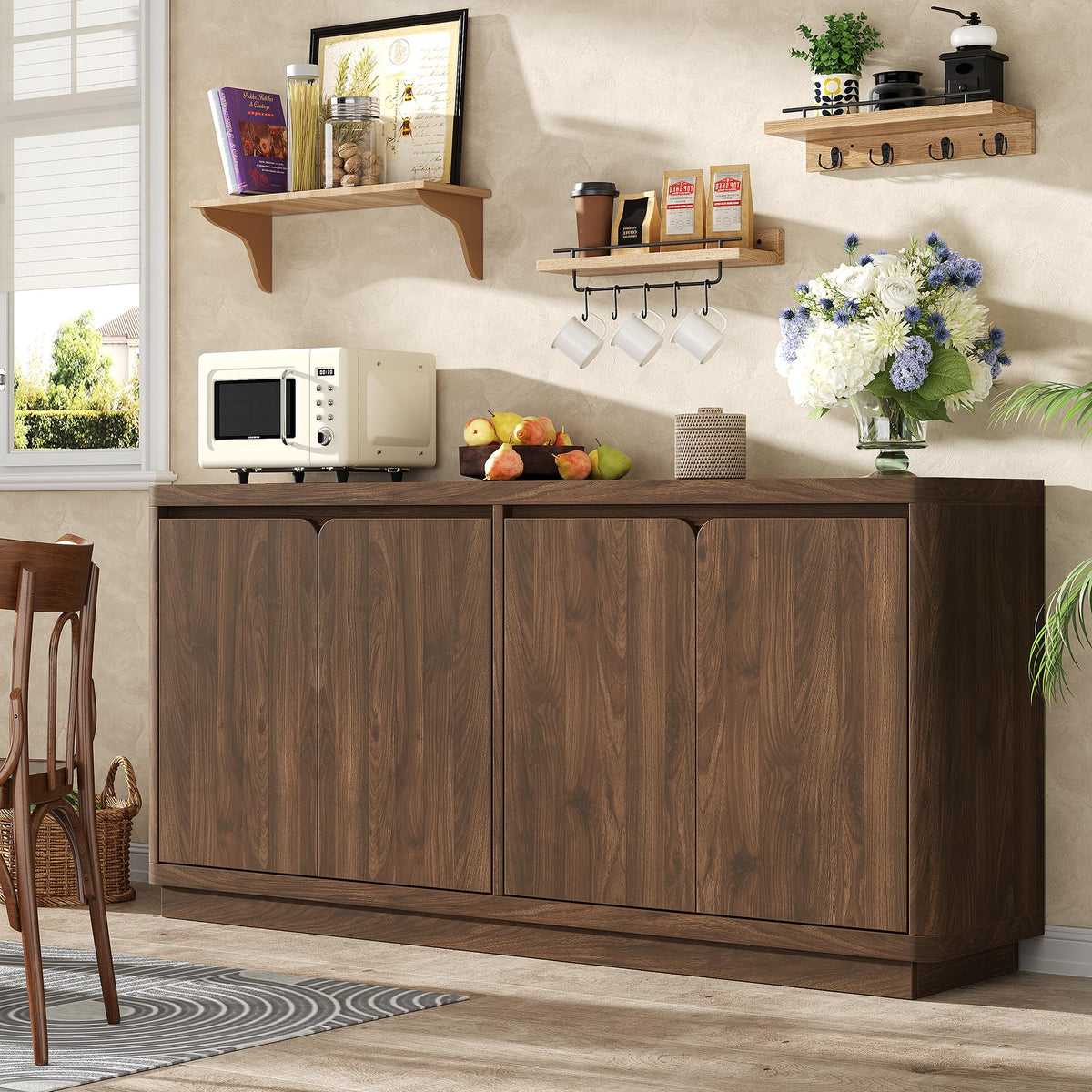 knoworld 63" Buffet Cabinet with Storage & Power Outlet, Fluted Sideboard Credenza with Double-Arc Doors, Mid-Century Modern Coffee Bar Cabinet Console Table for Dining Room, Living Room, Walnut