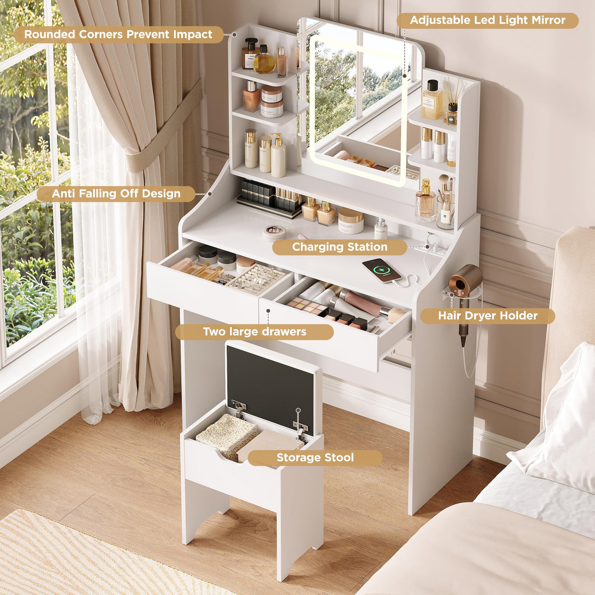 Vabches Vanity Desk with Mirror and Lights, Vanity with Lighted Mirror