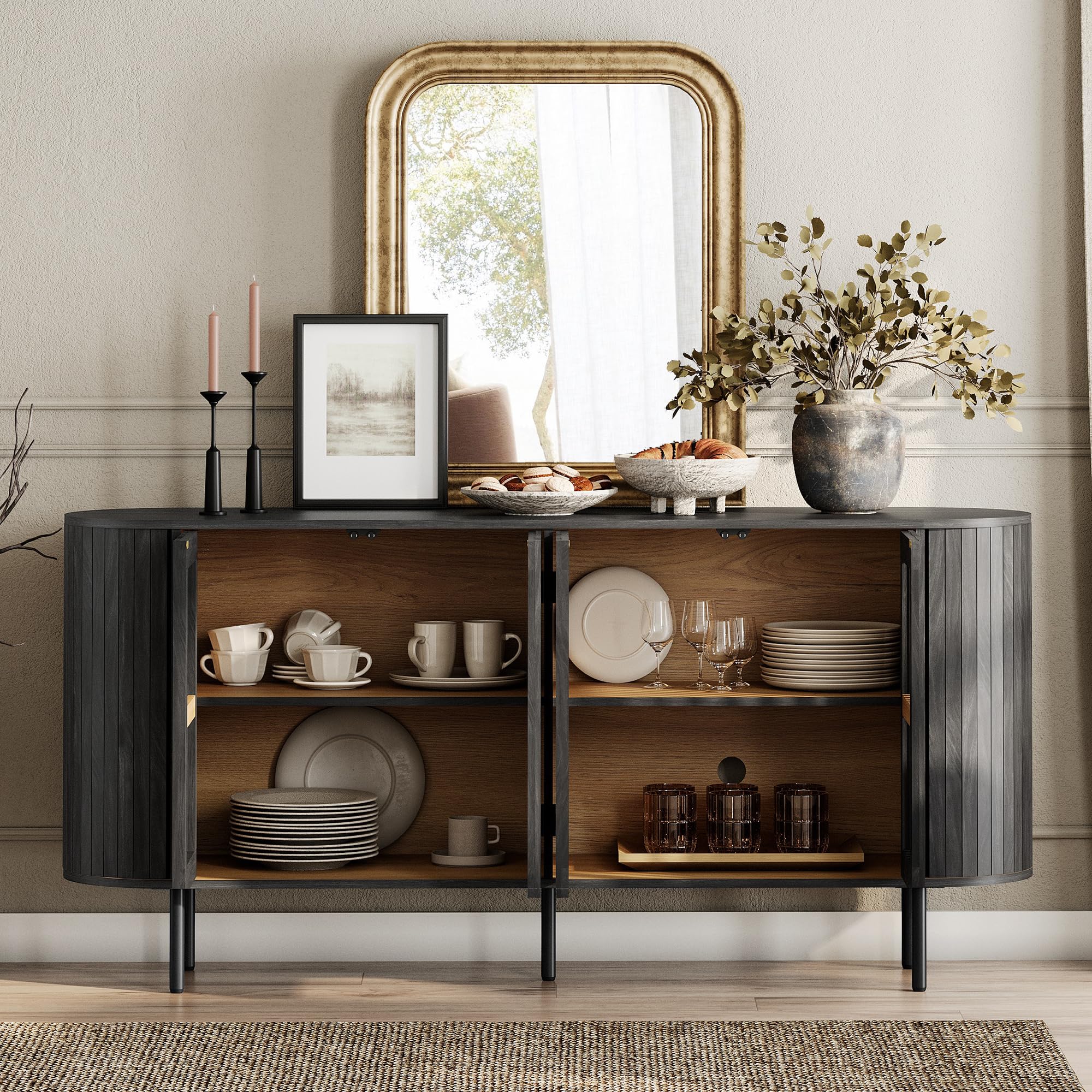 Fluted Sideboard Buffet Cabinet with 4 Doors