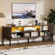 Ammora Living 70.8 Inch TV Stand for TVs up to 80 Inch, Modern Fluted Entertainment Center with Sliding Tambour Doors, Smart LED Lights, Adjustable Shelves and Storage, Mid Century TV Console, Walnut