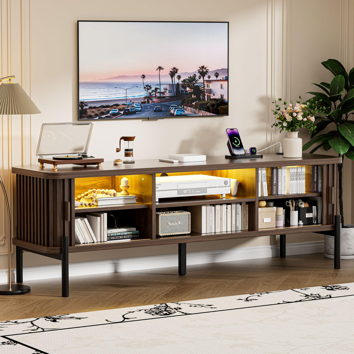Mid Century TV Stand for TVs up to 80 Inches, Modern Fluted Entertainment Center with Sliding Tambour Doors, Smart LED Lights, Adjustable Shelves and Storage, TV Console for Living Room, Walnut