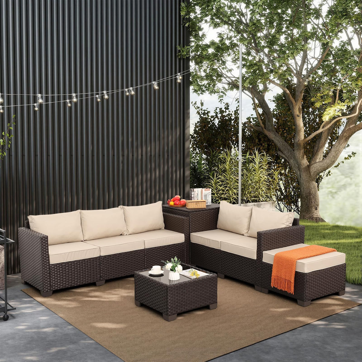 Valita 5 Pieces Brown Wicker Patio Furniture Set Outdoor Sectional Conversation Sofa Set with Storage Bin and Glass Table with Non-Slip Cushions Furniture Covers, Beige