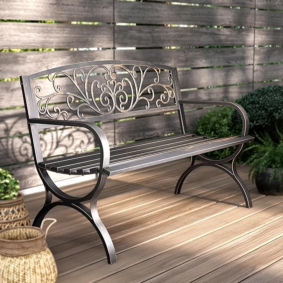 Cast Iron Garden Bench with Floral Backrest