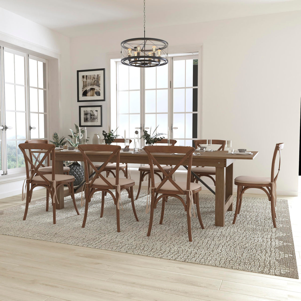 Flash Furniture HERCULES Series 9' x 40'' Antique Rustic Folding Farm Table Set with 8 Cross Back Chairs and Cushions