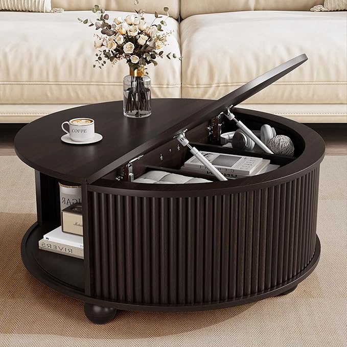 Fluted Round Coffee Table with Sliding Storage