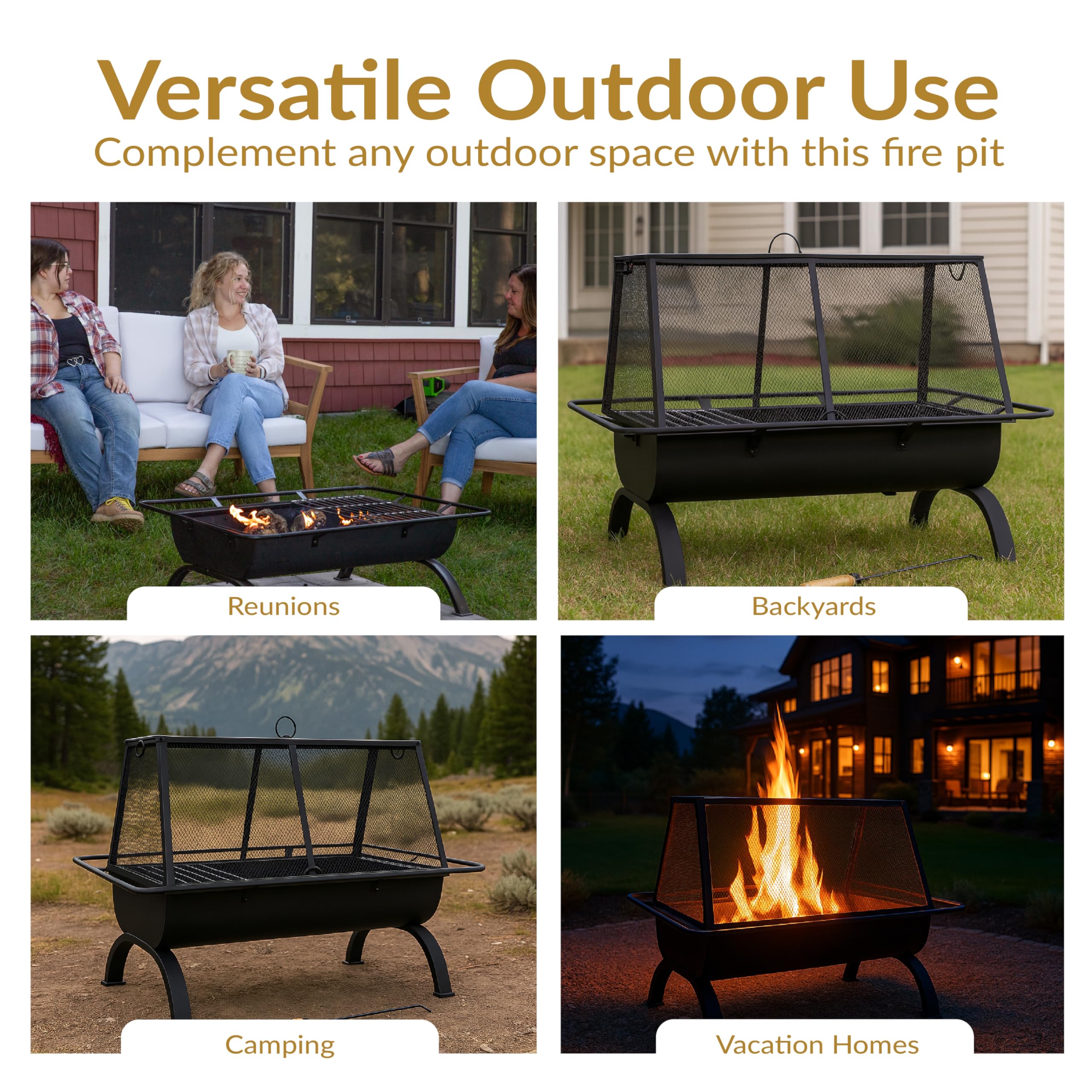 36-Inch Rectangular Steel Fire Pit with Grill & Accessories