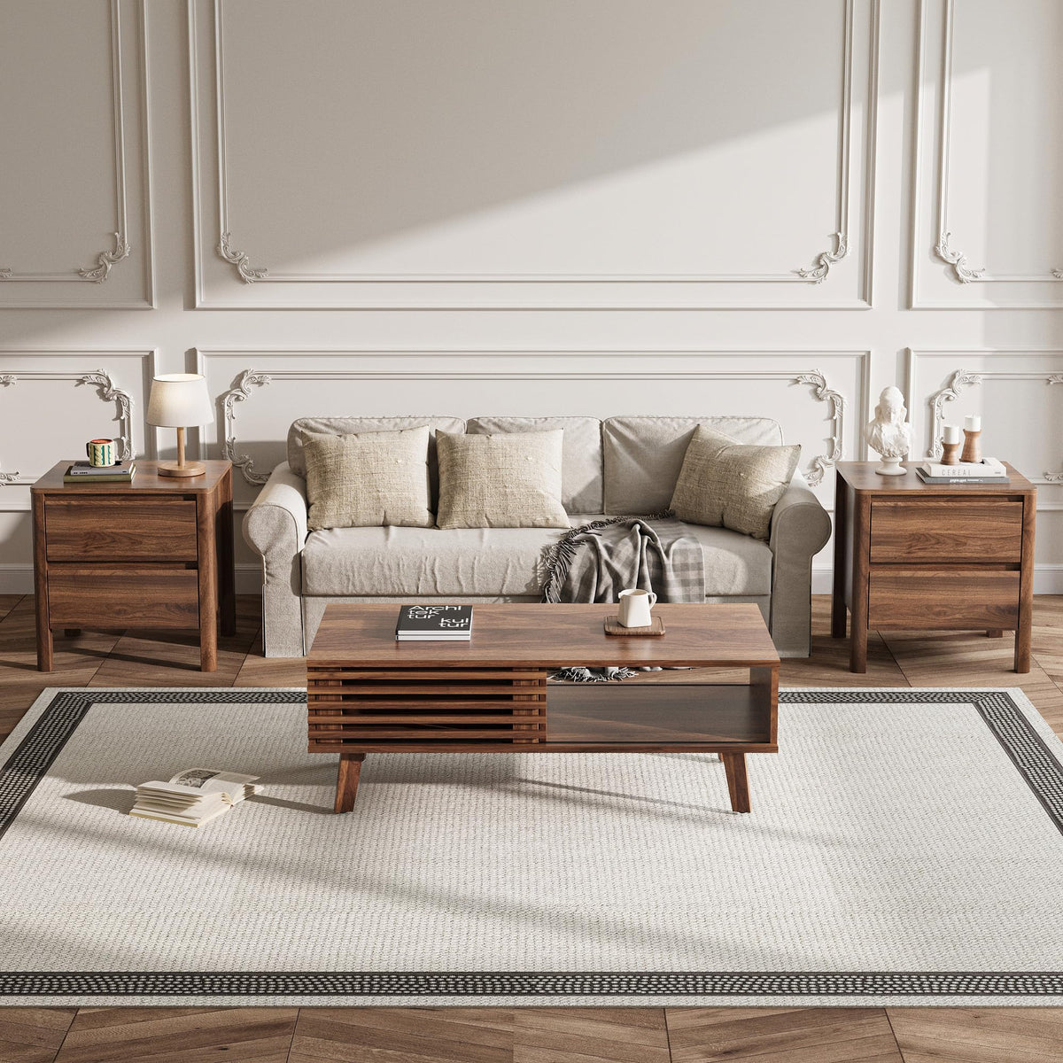 MAISONARIA Living Room Table Sets of 3, Mid Century Coffee Table & End Table Set of 2, Sliding Door Coffee Table with Storage, Modern End Table for Living Room, Walnut