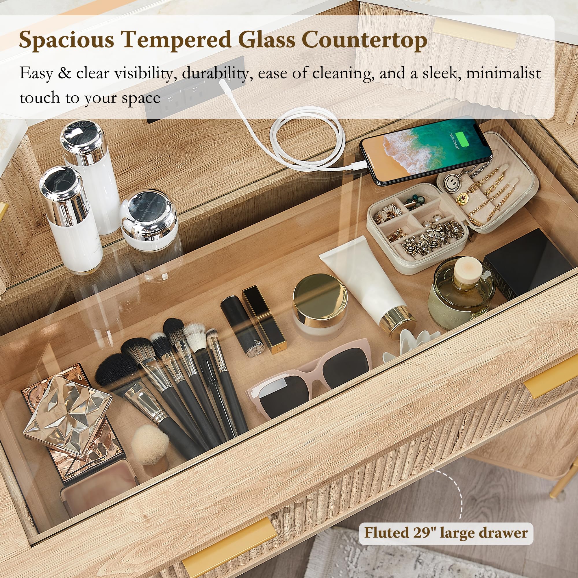 T4TREAM 48" Fluted Makeup Vanity Desk with HD Triple Mirror and Lights, Large Lighted Corner Vanity with Glass Top, Modern Dressing Table with 3 Drawers & 2 Cabinets for Bedroom, Natural Oak