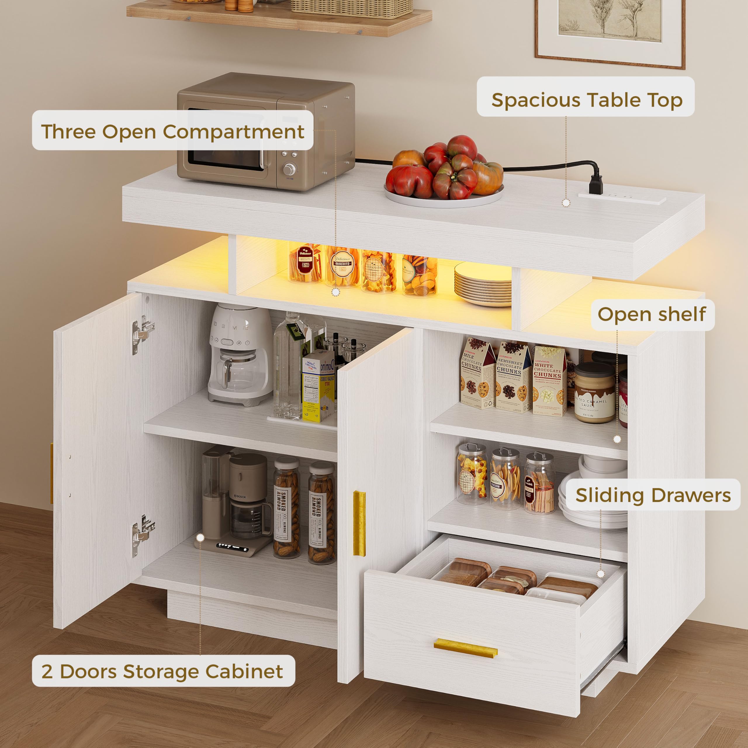 IRONCK Buffet Cabinet, Sideboard Cabinet with Power Outlet and LED Light, Modern Storage Cabinet with Drawer and Shelves, White
