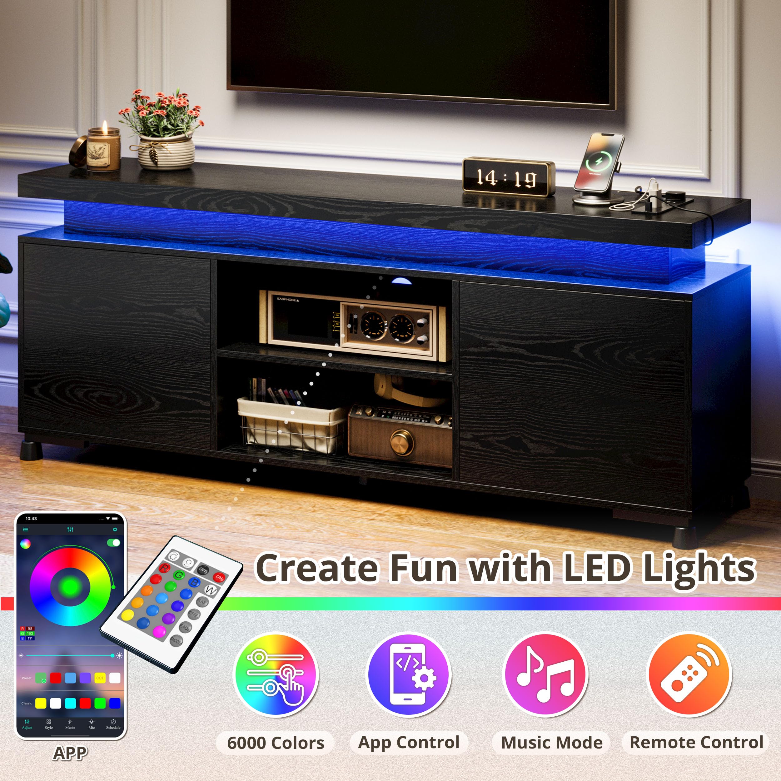 TV Stand with LED Lights & Power Outlet – 59" & 70"