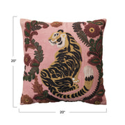 Creative Co-Op Embroidered Tiger and Flowers Cotton Slub Pillow, Multicolor