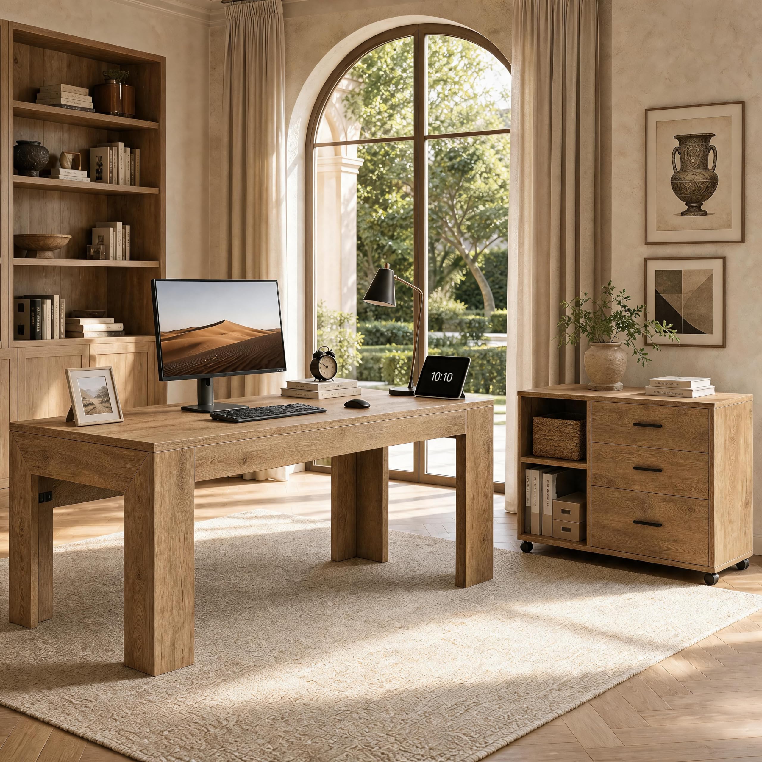 Tribesigns 63'' L Shaped Office Desk with Drawers and Shelves,Large Executive Desk with Rolling File Cabinet Combo,Home Office Computer Desk,Brown