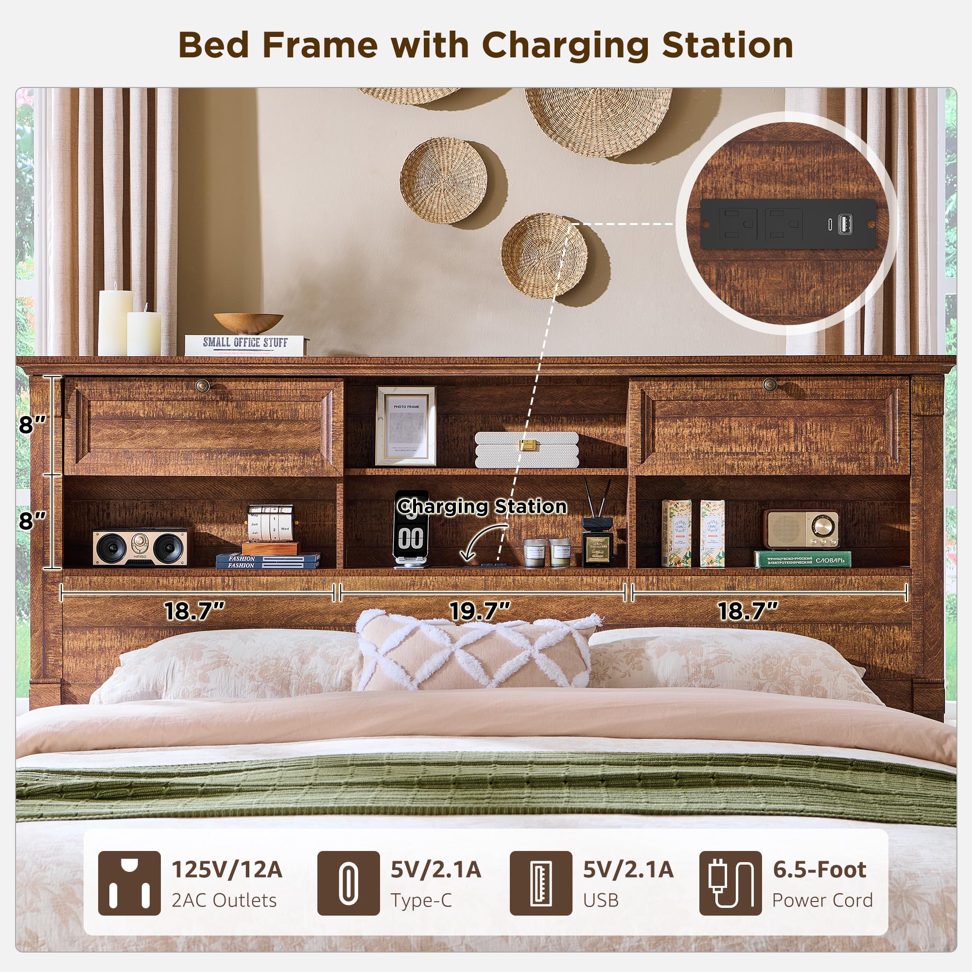 Queen Size Bed Frame with Tall Headboard & Storage