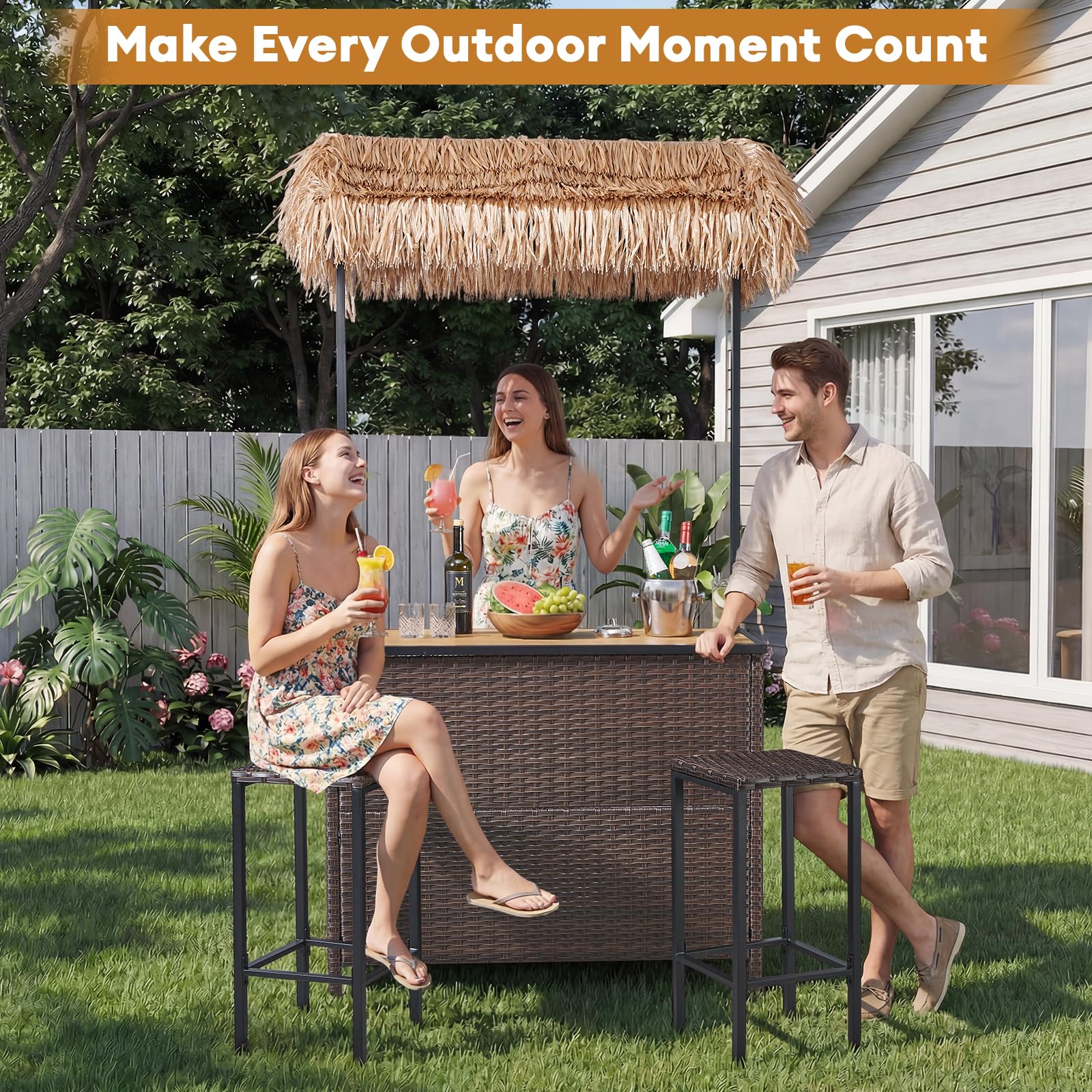 Opohoro Outdoor Tiki Bar Set - 3 Pieces Wicker Patio Bar Height Set with Palapa Top and 2 Stools, All-Weather Patio Bar Set with Storage Shelves & Wine Glass Rack for Garden Patio Backyard Brown