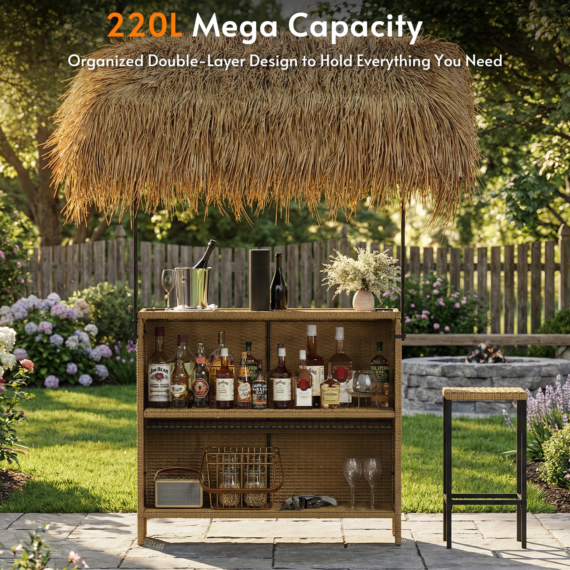 Rotihom Outdoor Tiki Bar Set with Widen Hula Thatched Shade(48" L), 3-Piece Wicker Outside Tiki Bars with 2 Stools, Hawaiian Style Beach Outside Bars for Patio, Garden, Poolside, Backyard