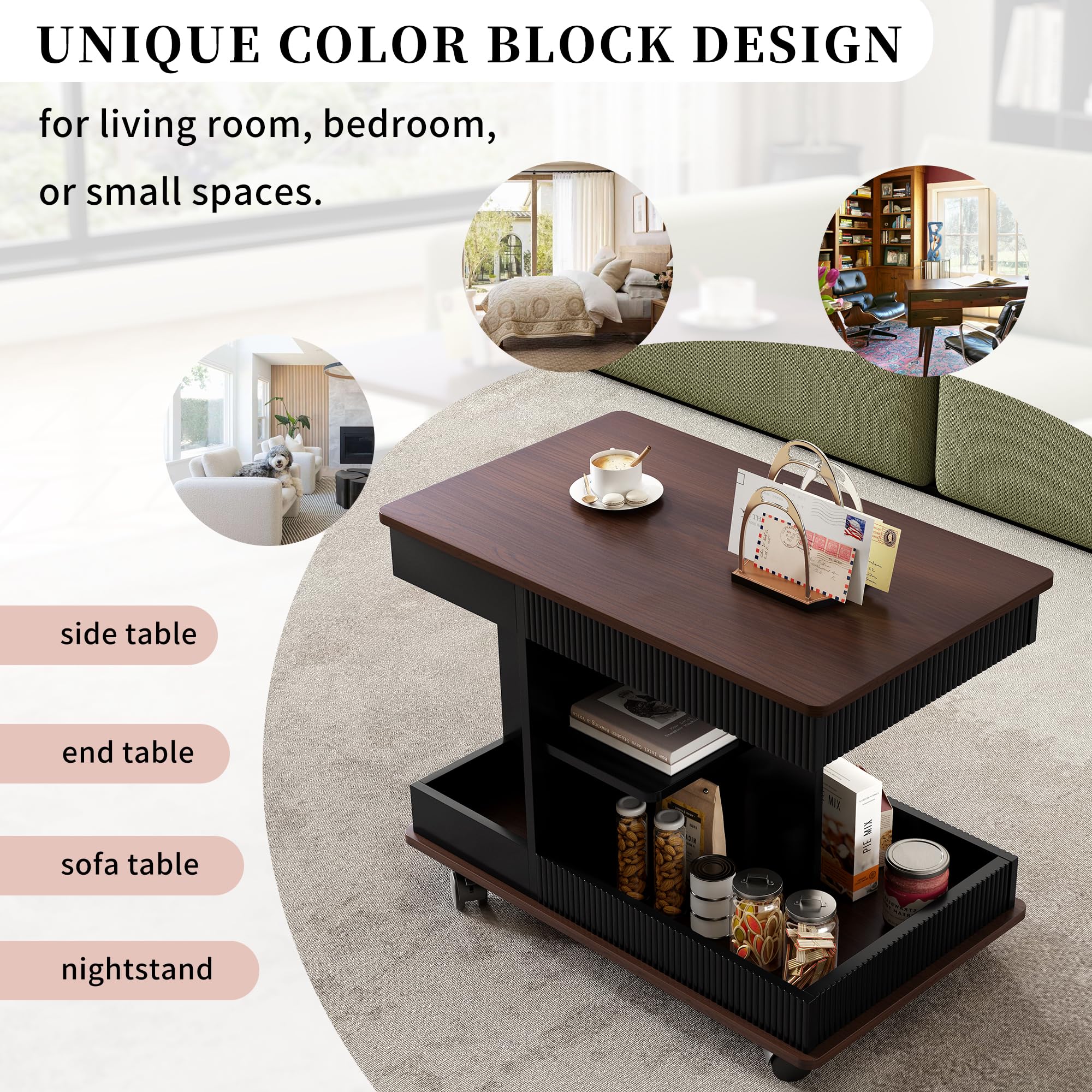 Merax Adjustable End Table with Wheels, Modern Multifunctional Sofa Side Table with Lift-Top, 360°Rotating Top and Storage Space for Living Room, Small Space, Black+Brown