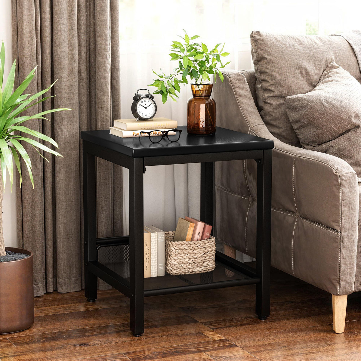 Recaceik 3-Piece Living Room Coffee Table Set, Industrial Coffee Table with 2 Square End Side Tables, Modern Living Room Table Set with Metal Frame for Apartment Home Office (Black)