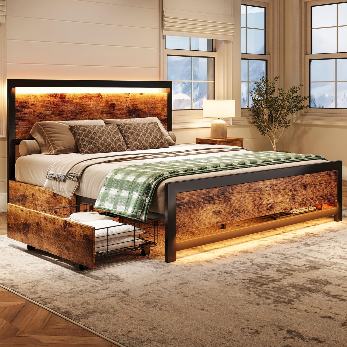 Ailisite Full Size Bed Frame with Storage and 4 Drawers, Rustic Bed Frame Full Size with Headboard and Charging Station and Led Lights, Wood Platform Bed Frame No Box Spring Needed, Noise Free, Brown