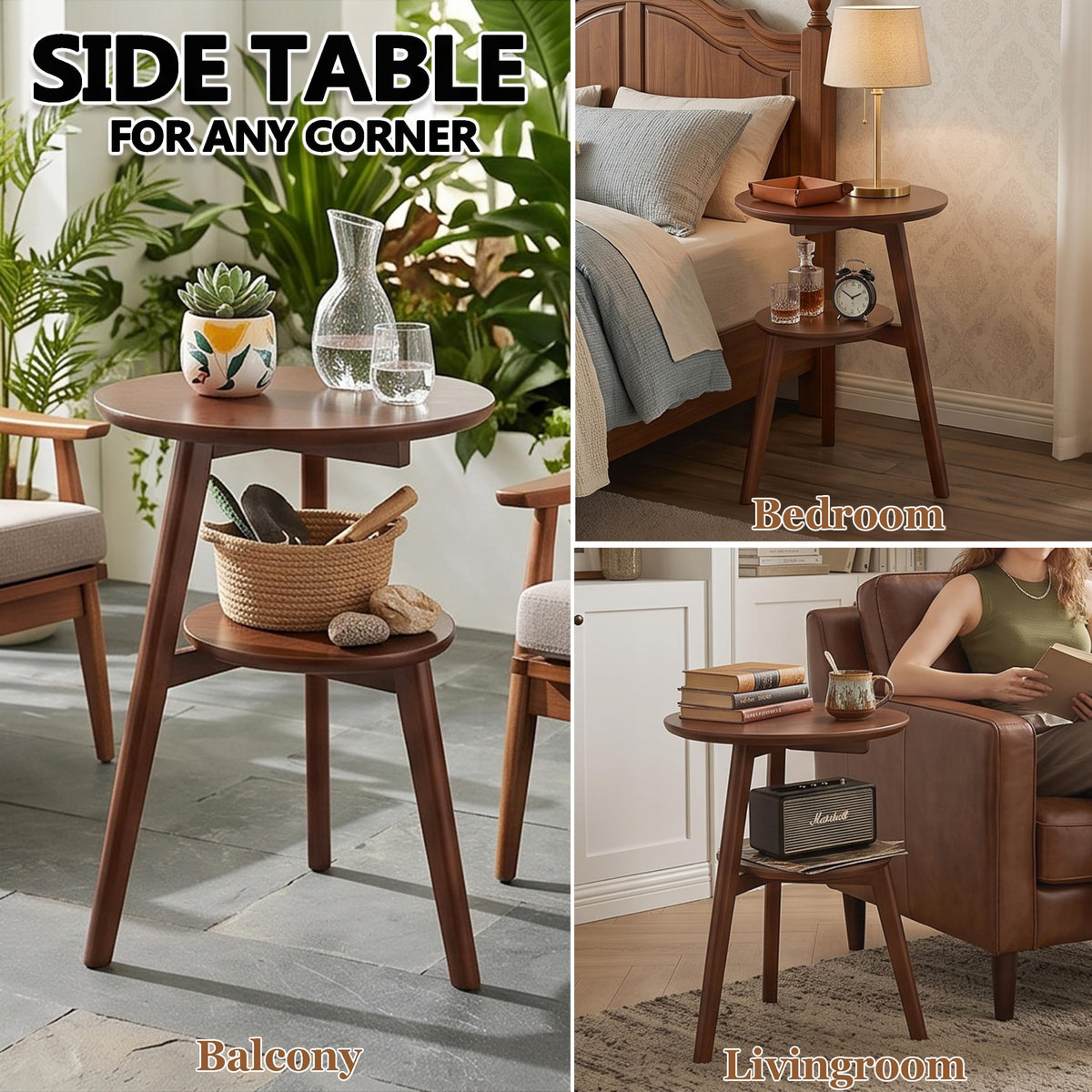 2-Tier Solid Wood Round Side Table, 23.6" H Mid Century End Table(Walnut)