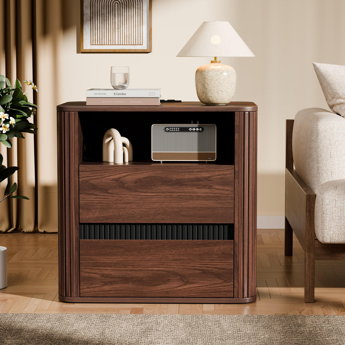Furnulem Walnut Night Stand with Charging Station, Modern Fluted Nightstand
