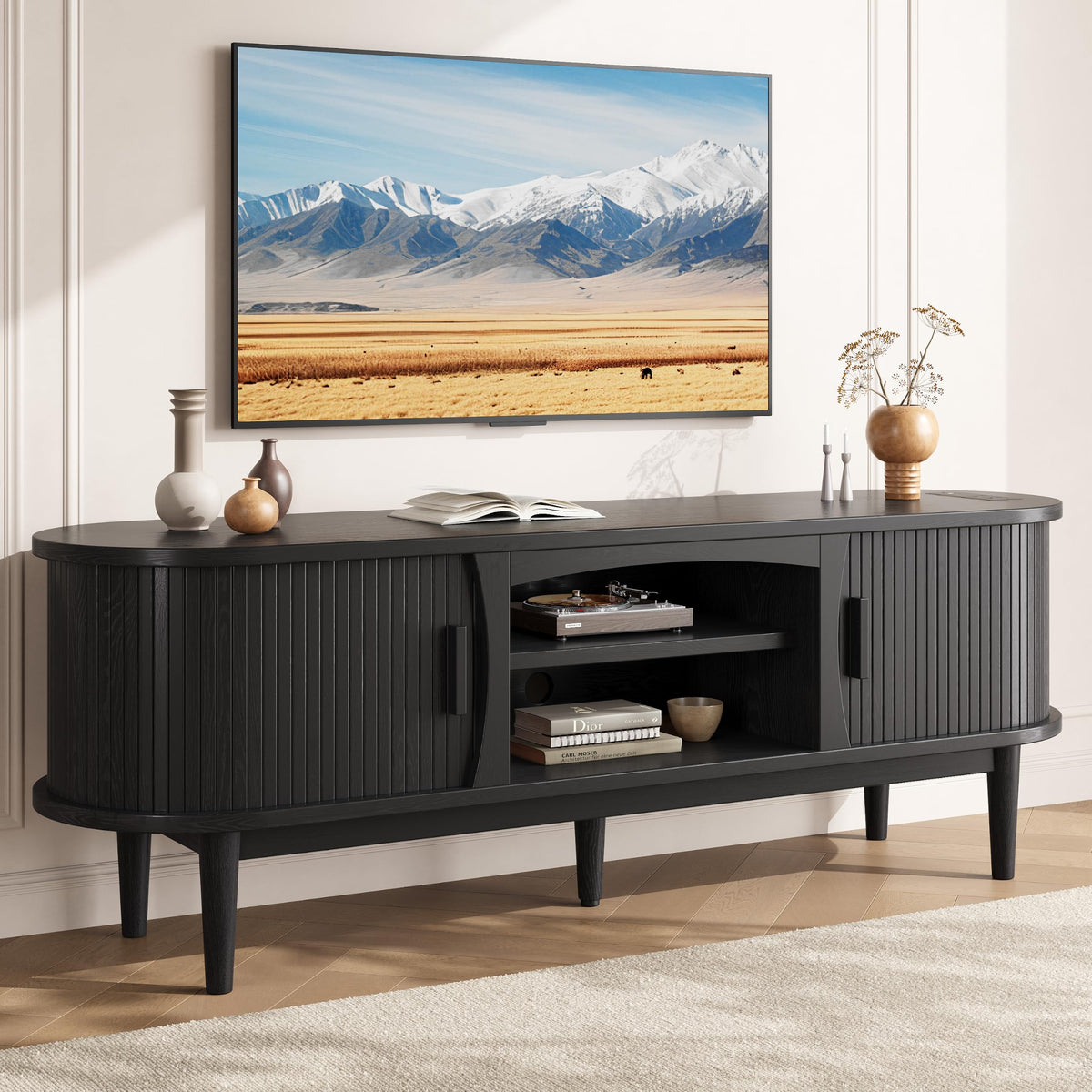 Decofy 63" Fluted TV Stand for TVs Up to 70" with Charging Station, Black