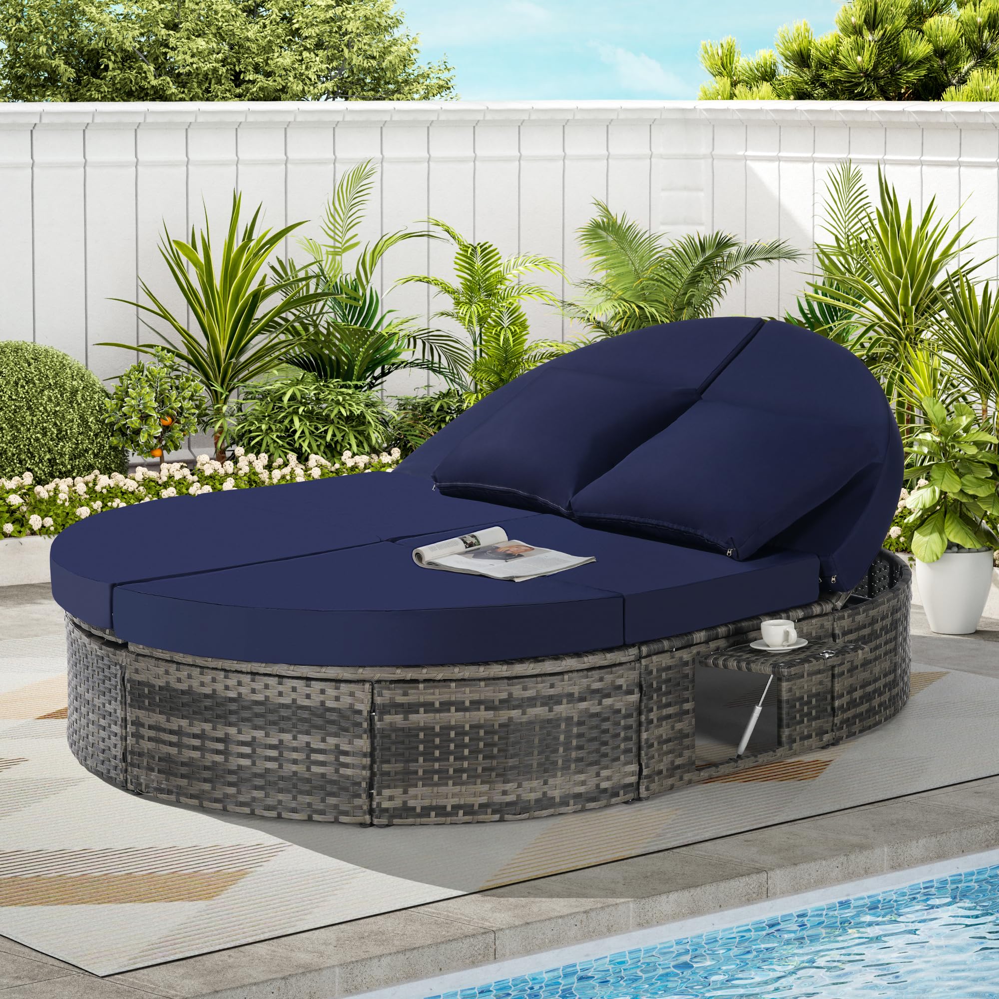 SOFTSEA Outdoor Daybed with Adjustable Backrest, Patio Oval Wicker Sun Bed with Foldable Cup Trays, Rattan Reclining Chaise Lounge with Cushion and Pillows for Lawn, Poolside, Dark Blue