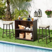 Yaheetech 3pcs Outdoor Bar Set, Patio Wicker Bar Furniture with 2 Storage Shelves, Glass Top Table, Cushions and Two Stools, Brown/Khaki